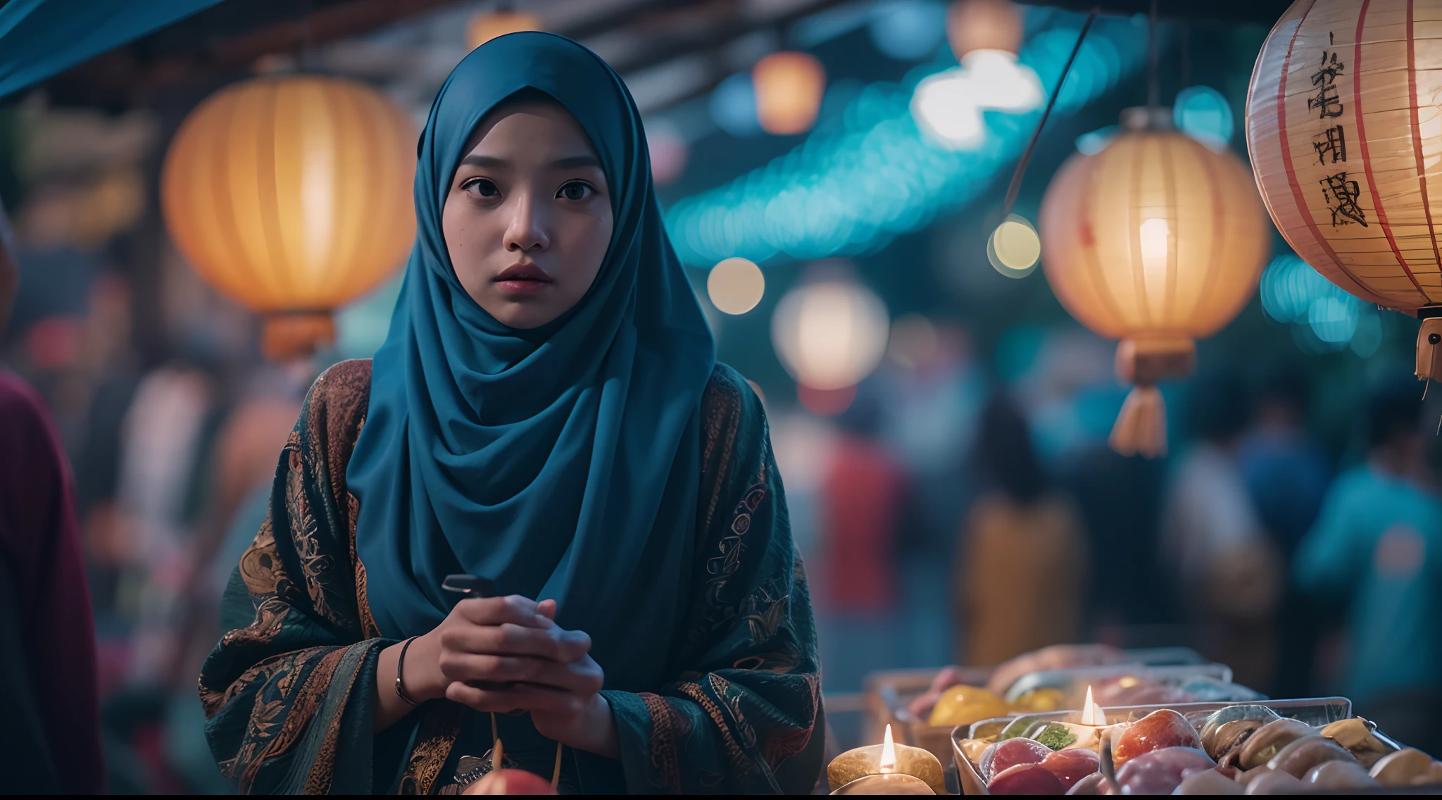 Create a scene in an otherworldly night market filled with mystical stalls and glowing lanterns. The Malay girl in hijab is navigating the market's mysteries and wonders. Prores lens, Low angle shot, blue color grading, cinemascope, natural light, Dynamic shadows, horror film, high quality, ultra detail, 8k, using Panavision DXL2 camera.