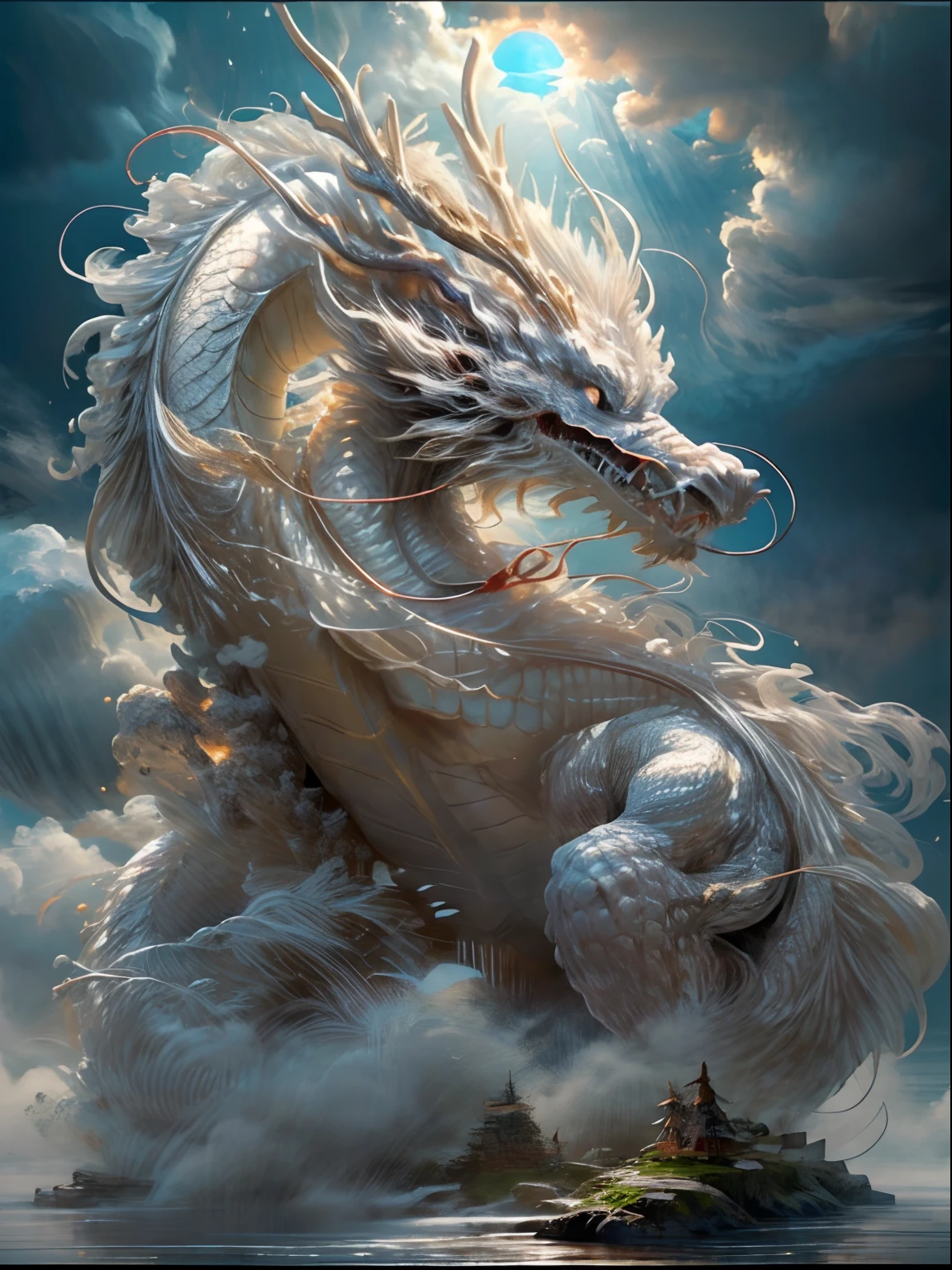 BJ_Sacred_beast, black dragon, outdoors, sky, day, cloud, water, blue_sky, no_humans, cloudy_sky, building, scenery, reflection, monster, bridge, fog, cinematic lighting,strong contrast,high level of detail,Best quality,masterpiece,White background,