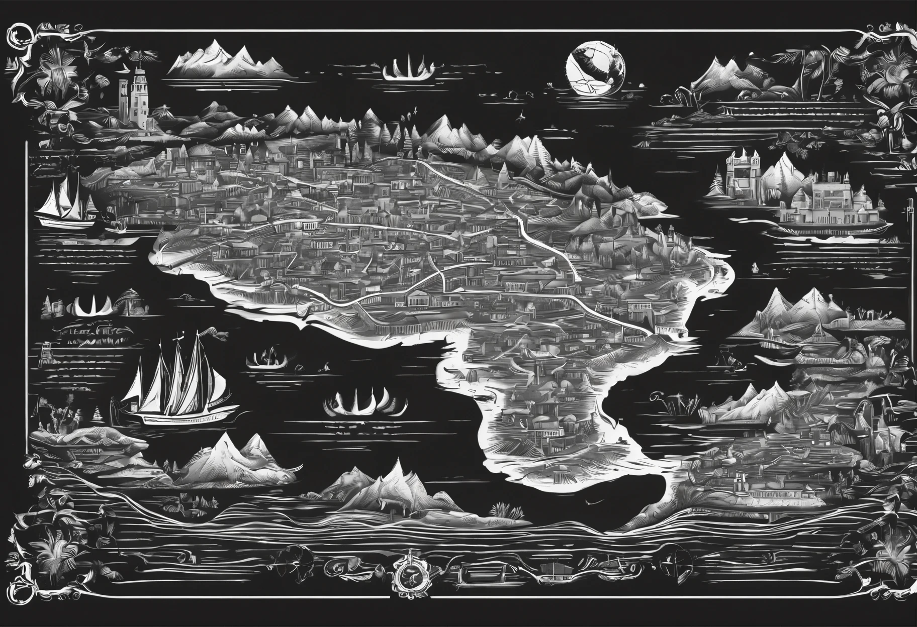 Treasure map on black background in horizontal frame