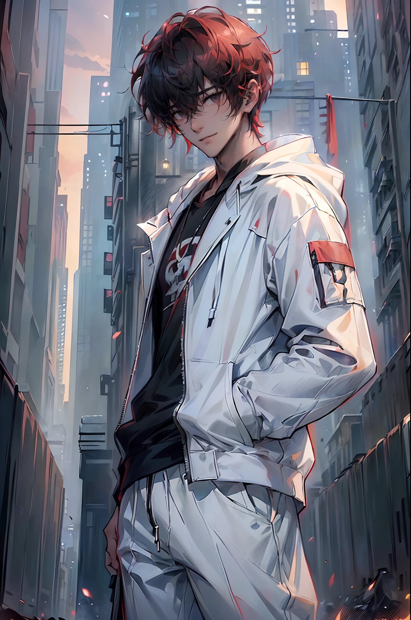 (4K works))、​masterpiece、(top-quality)、((Evening city))、((In front of the main gate of the workplace))、((In front of the main gate of the building))、View of the sunset、Korean Male、Adult male、((Adult male 26 years old))、((Face similar to Hyun Jin))、Cool Men、tall、((Gentle smile))、((Strong eyes))、((Wearing a black T-shirt and a white hooded jacket、Wearing long white pants))、((smaller face))、Slim body、((hooligan))、((Red short-haired casual hairstyle))、((Black eyes))、((shot from front))、((Shot alone))、((Solo Photography))、((He came to pick me up))、((He stands in front of the main gate of the building))