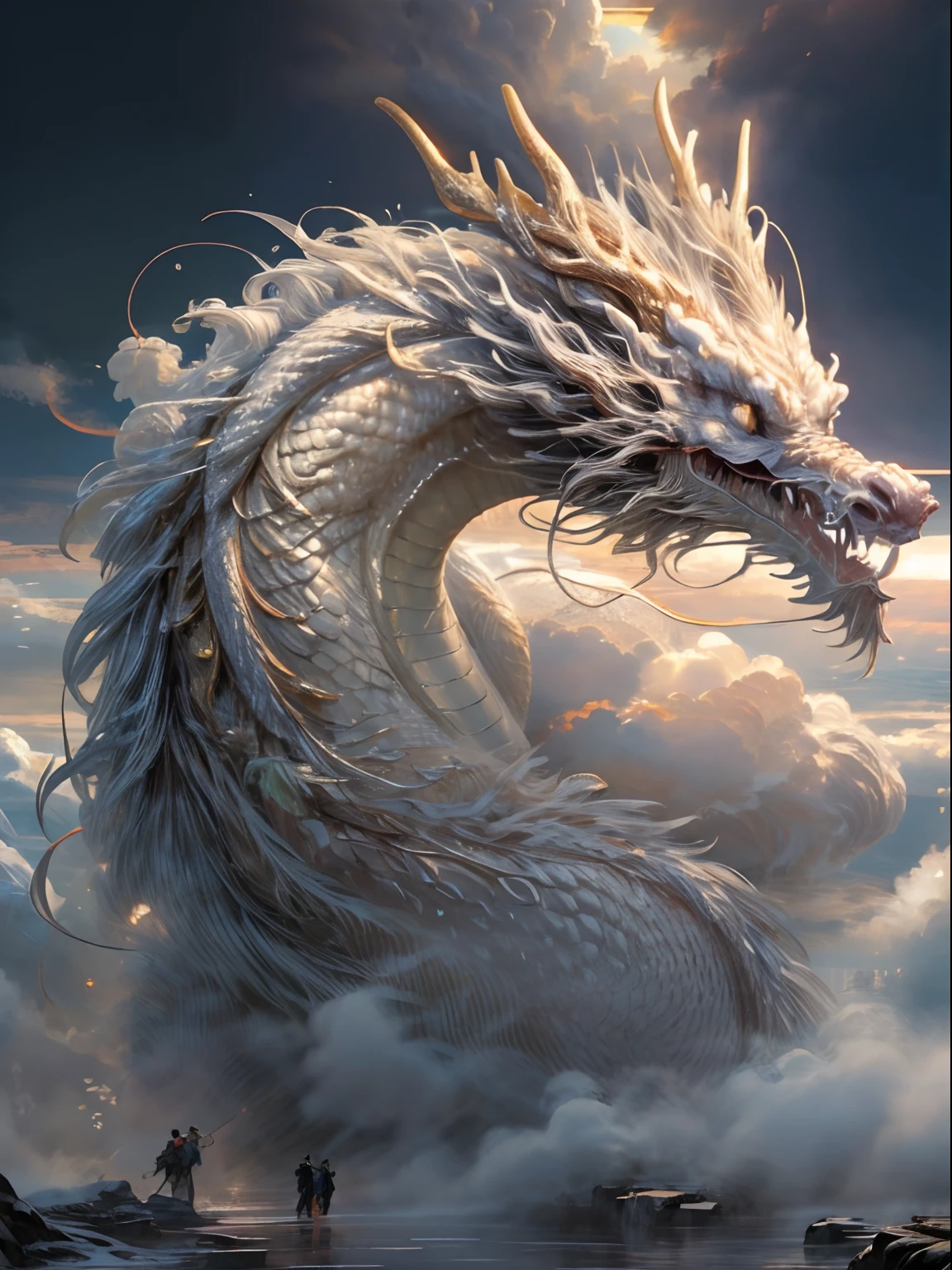 (raw photograph, top-quality), (Realism, Realism: 1.3), NVIDIA RTX ray tracing, Octane Rendering, high-res, Extremely Delicate and Beautiful, highest, finely detailed, master-piece, ultra-detail, Tall, (best illustration), (Best shades), Convoluted, no beard, Delicate facial features,Enter the clouds, White Dragon, immortal, In front of a giant white Chinese rong., (Ron: 1.4), clouds, severe, mountain, Solar Sunset, crisp focus, Perfect Composite, fantasy, Convoluted, majestic, ighly Details, volumetric fog, 8k UHD, Digital SLR, High Quality, (grain of film: 1.4), FujifilmXT3 Film, art station, Smooth, sharp focus, detailed, awarded photograph, BLN-L24, high sharpness, Weight loss in the cinema.