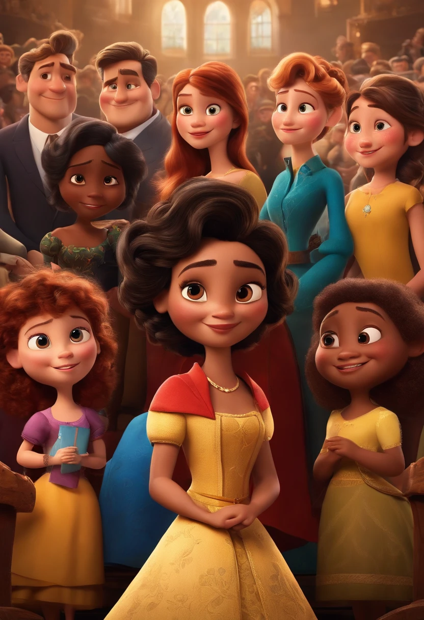 A Disney Pixar-inspired movie poster.Jovem 18 anos, cabelos com curva castanho escuro, olhos pretos, parda, franja preta, vestido, brasileira, magra.