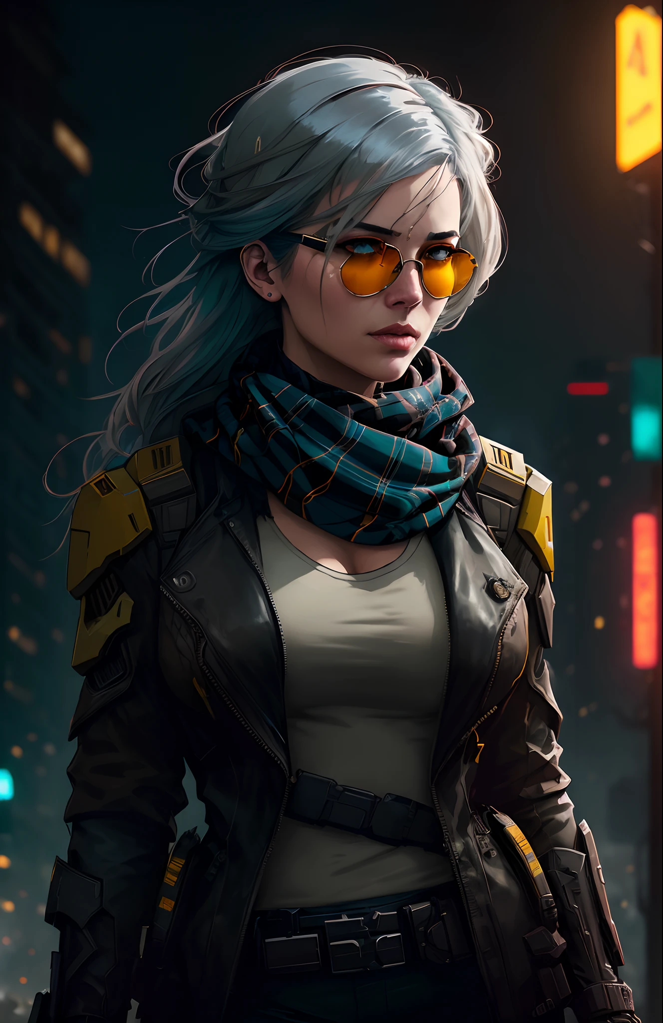 (dark shot:1.1), epic realistic, portrait of halo, sunglasses, blue eyes, tartan scarf, white hair by atey ghailan, by greg rutkowski, by greg tocchini, by james gilleard, by joe fenton, by kaethe butcher, gradient yellow, black, brown and magenta color scheme, grunge aesthetic!!! graffiti tag wall background, art by greg rutkowski and artgerm, soft cinematic light, adobe lightroom, photolab, hdr, intricate, highly detailed, (depth of field:1.4), faded, (neutral colors:1.2), (hdr:1.4), (muted colors:1.2), hyperdetailed, (artstation:1.4), cinematic, warm lights, dramatic light, (intricate details:1.1), complex background, (rutkowski:0.66), (teal and orange:0.4)