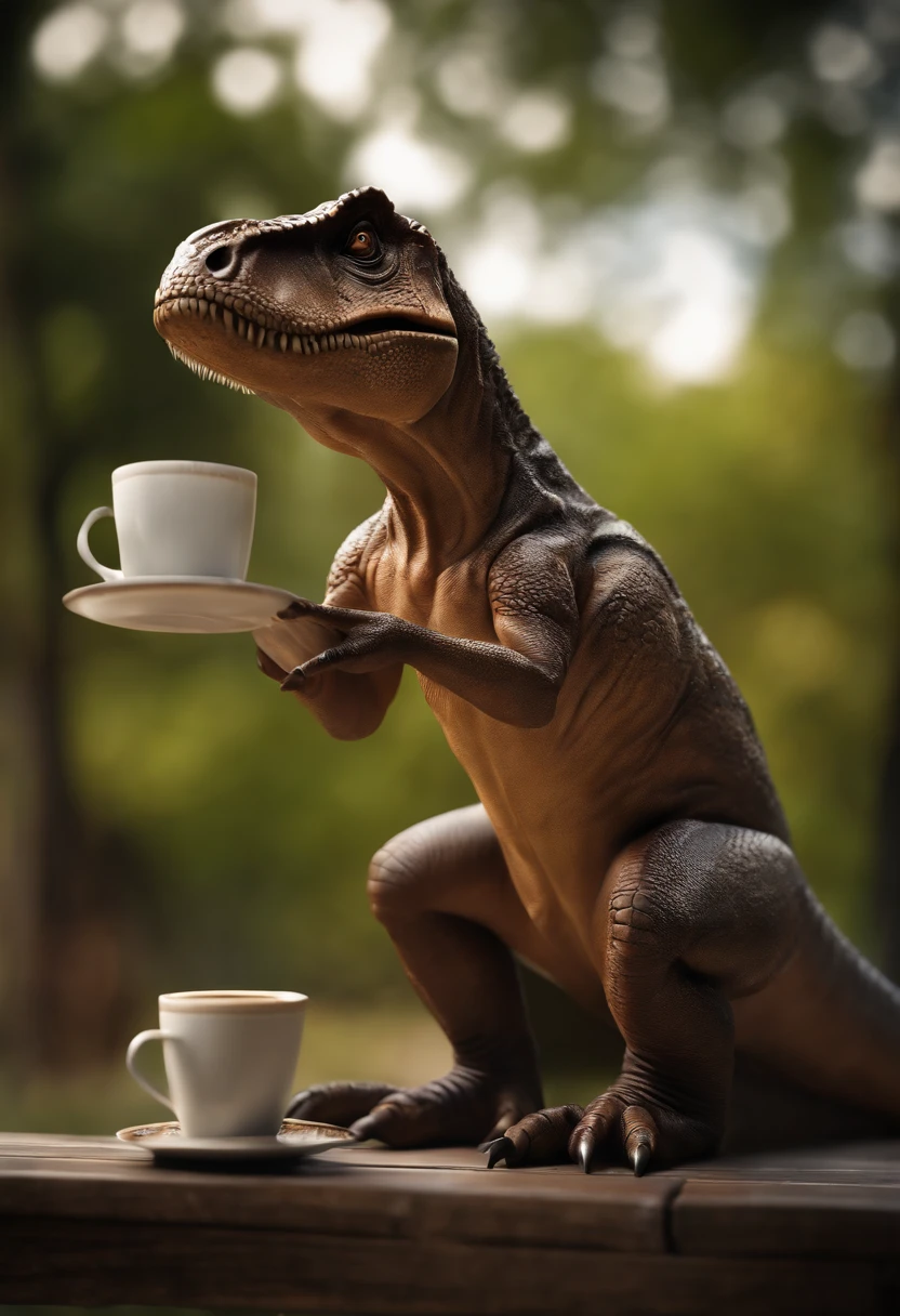 a sitting on a bench brown t-rex, detailed eyes, beautiful detailed lips,extremely detailed face,longeyelashes, drinking a cup of coffee ,digital art, (best quality,4k,8k,highres,masterpiece:1.2),ultra-detailed,(realistic,photorealistic,photo-realistic:1.37), vibrant colors, studio lighting, bokeh