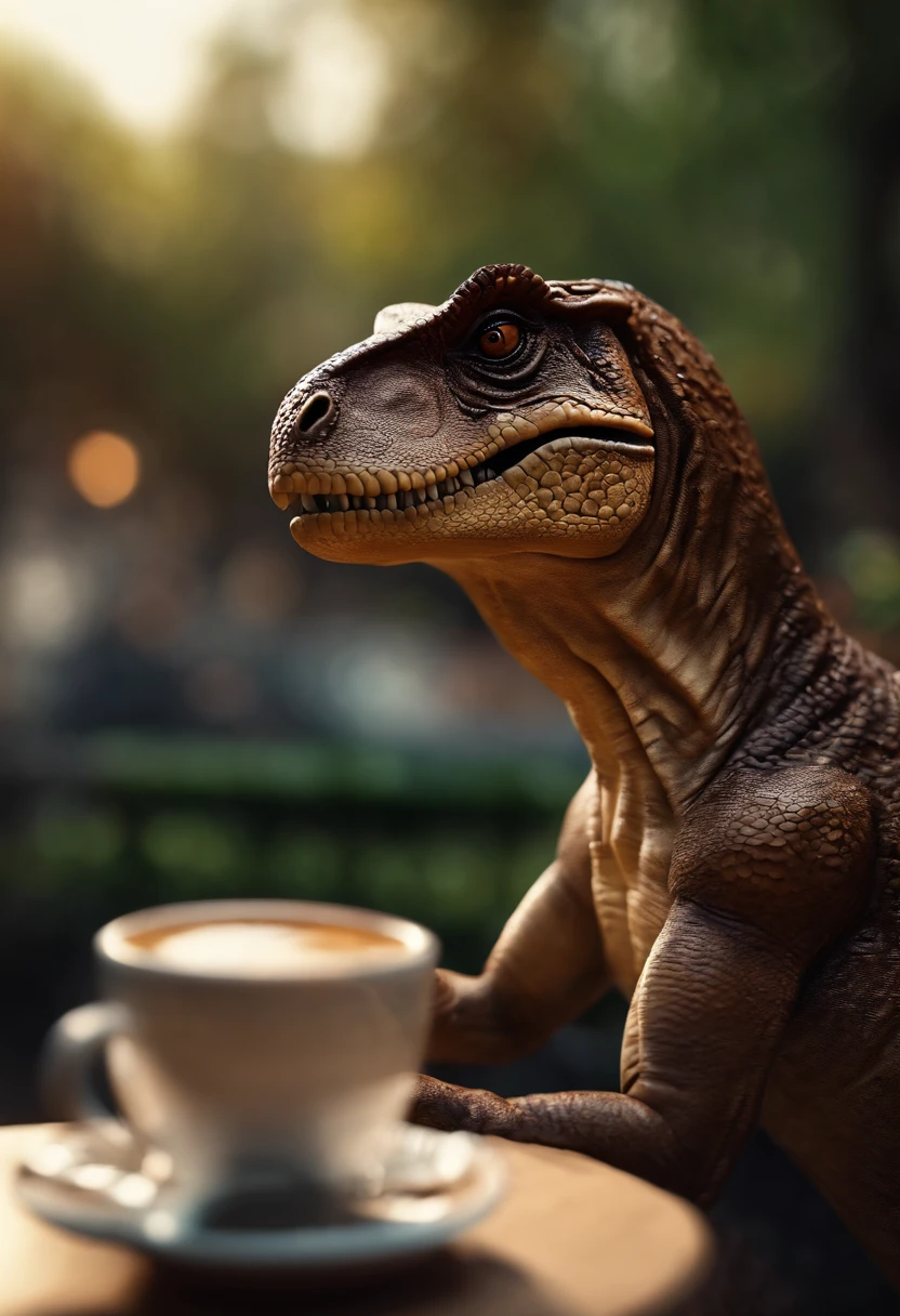 a sitting on a bench brown t-rex, detailed eyes, beautiful detailed lips,extremely detailed face,longeyelashes, drinking a cup of coffee ,digital art, (best quality,4k,8k,highres,masterpiece:1.2),ultra-detailed,(realistic,photorealistic,photo-realistic:1.37), vibrant colors, studio lighting, bokeh