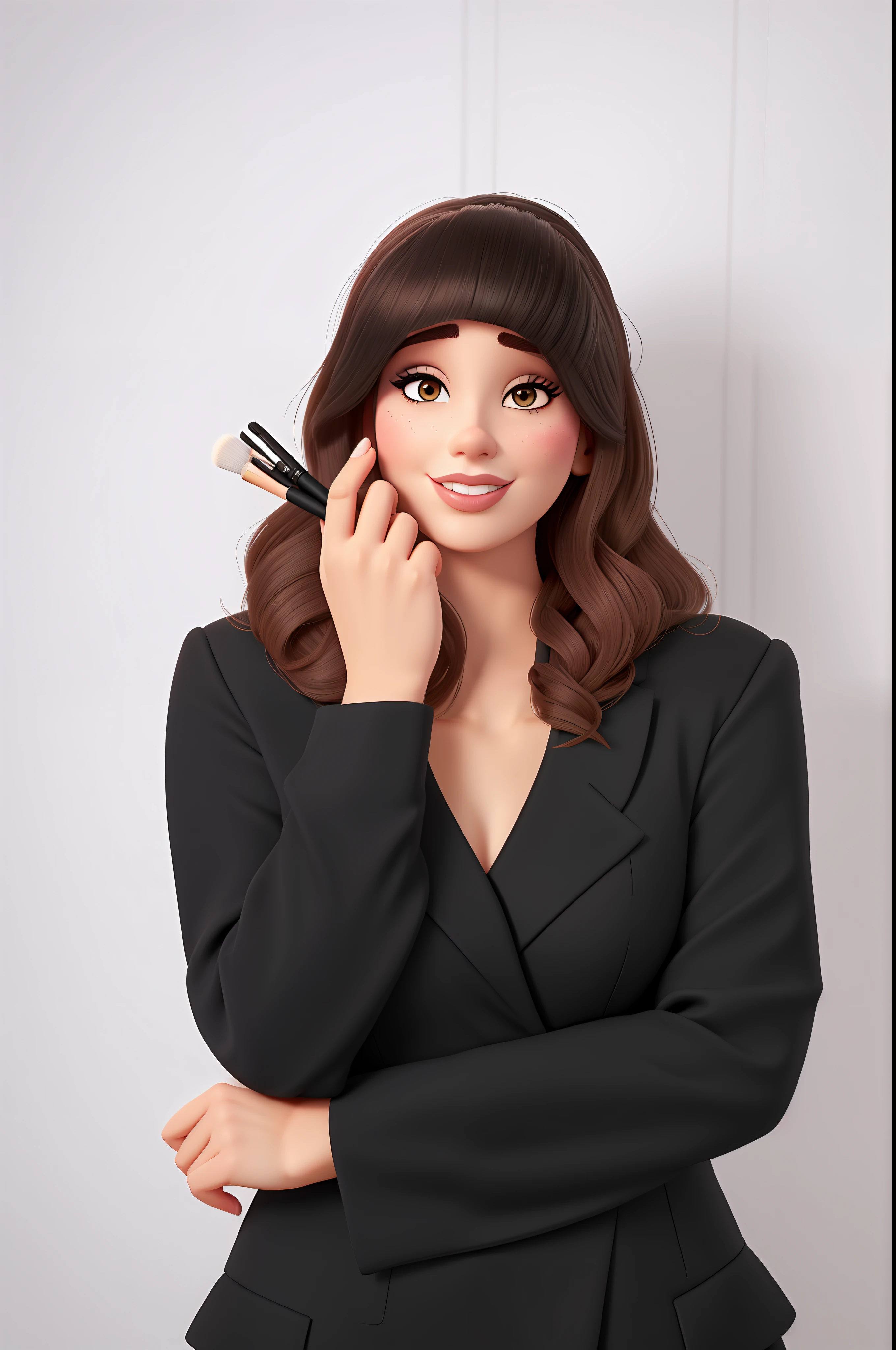 Woman in a black suit with makeup brushes on her face, usando maquiagem profissional, inspirado em Disney pixar cartoon
