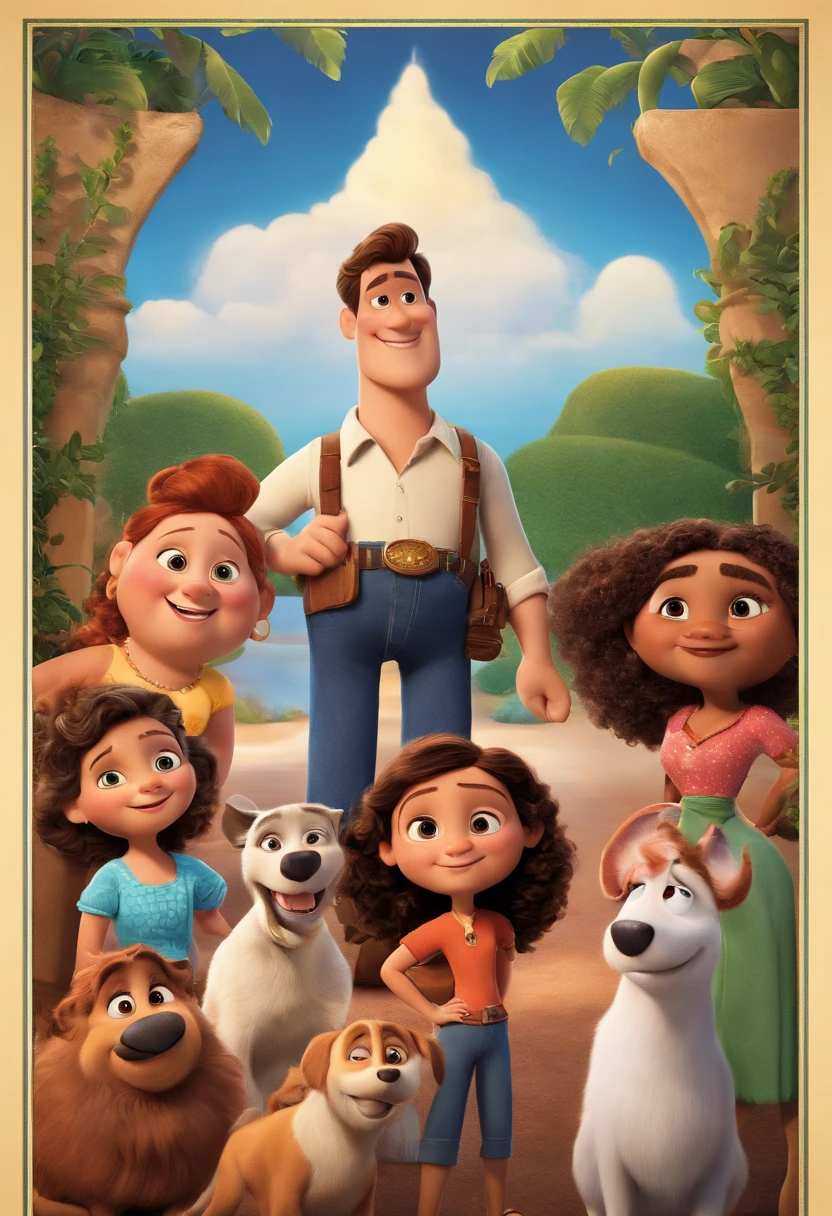 A Disney Pixar-inspired movie poster featuring a white family. Com um casal jovem adultos e duas lindas s adolescentes. A cena deve ser no estilo de arte digital distinto da Pixar, with a focus on character expressions, Vibrant colors and detailed texture that are characteristic of his animations
