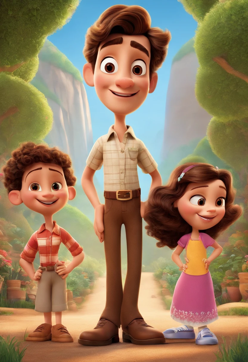 A Disney Pixar-inspired movie poster featuring a white family. Com um casal jovem adultos e duas lindas meninas adolescentes. A cena deve ser no estilo de arte digital distinto da Pixar, with a focus on character expressions, Vibrant colors and detailed texture that are characteristic of his animations