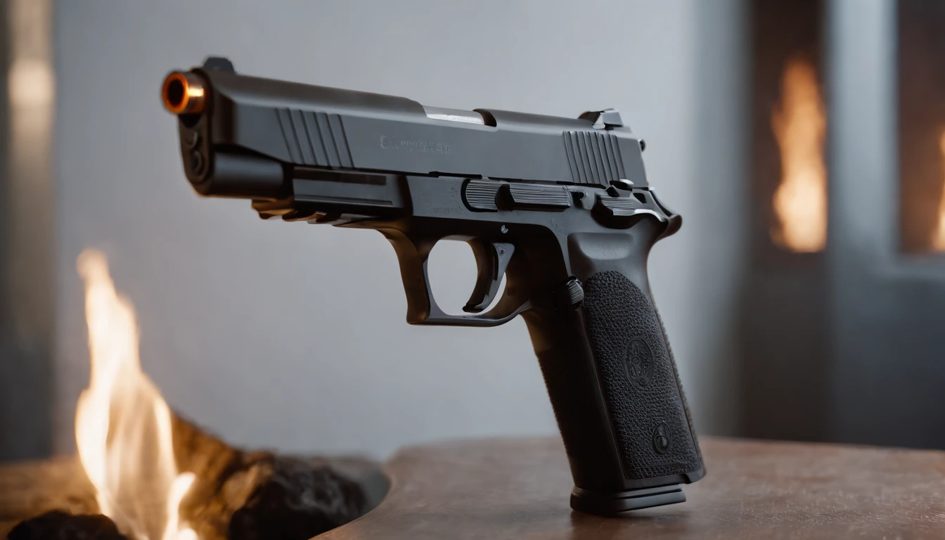 Sig Sauer P365 Pistol, a close-up of a gun standing sideways on a table near a fire, a rugged compact pistol designed for tactical use, showing the gun's aggressive styling and sights, Digital art.