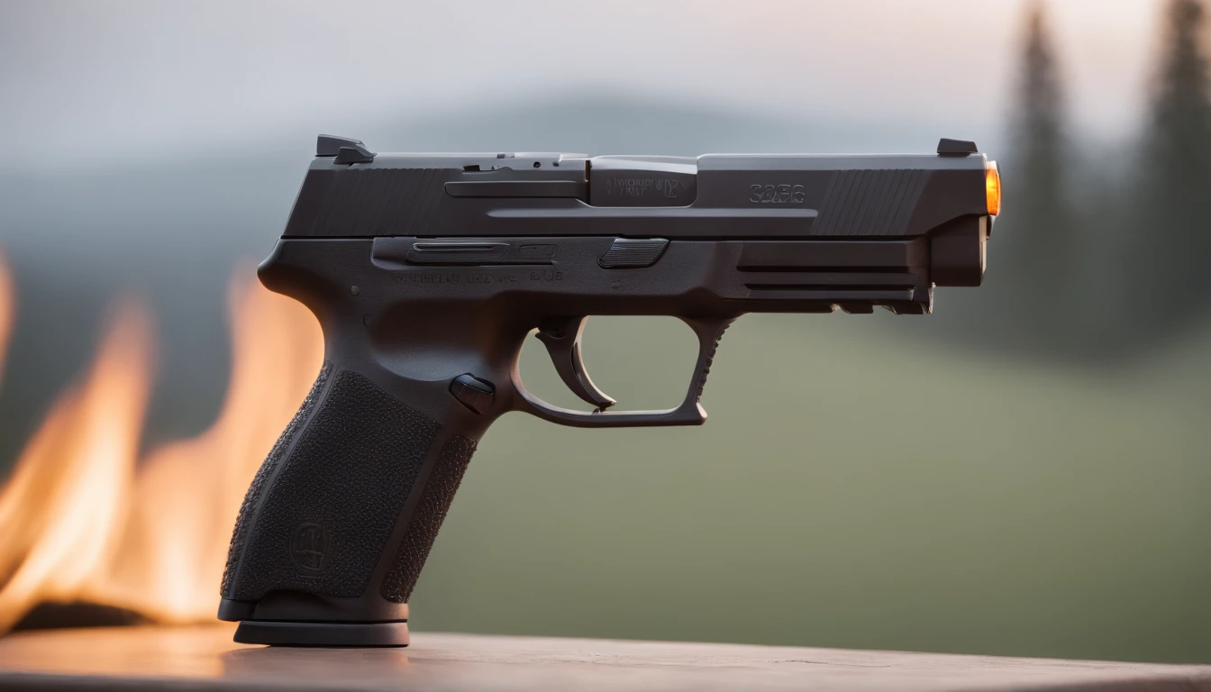 Sig Sauer P365 Pistol, a close-up of a gun standing sideways on a table near a fire, a rugged compact pistol designed for tactical use, showing the gun's aggressive styling and sights, Digital art.
