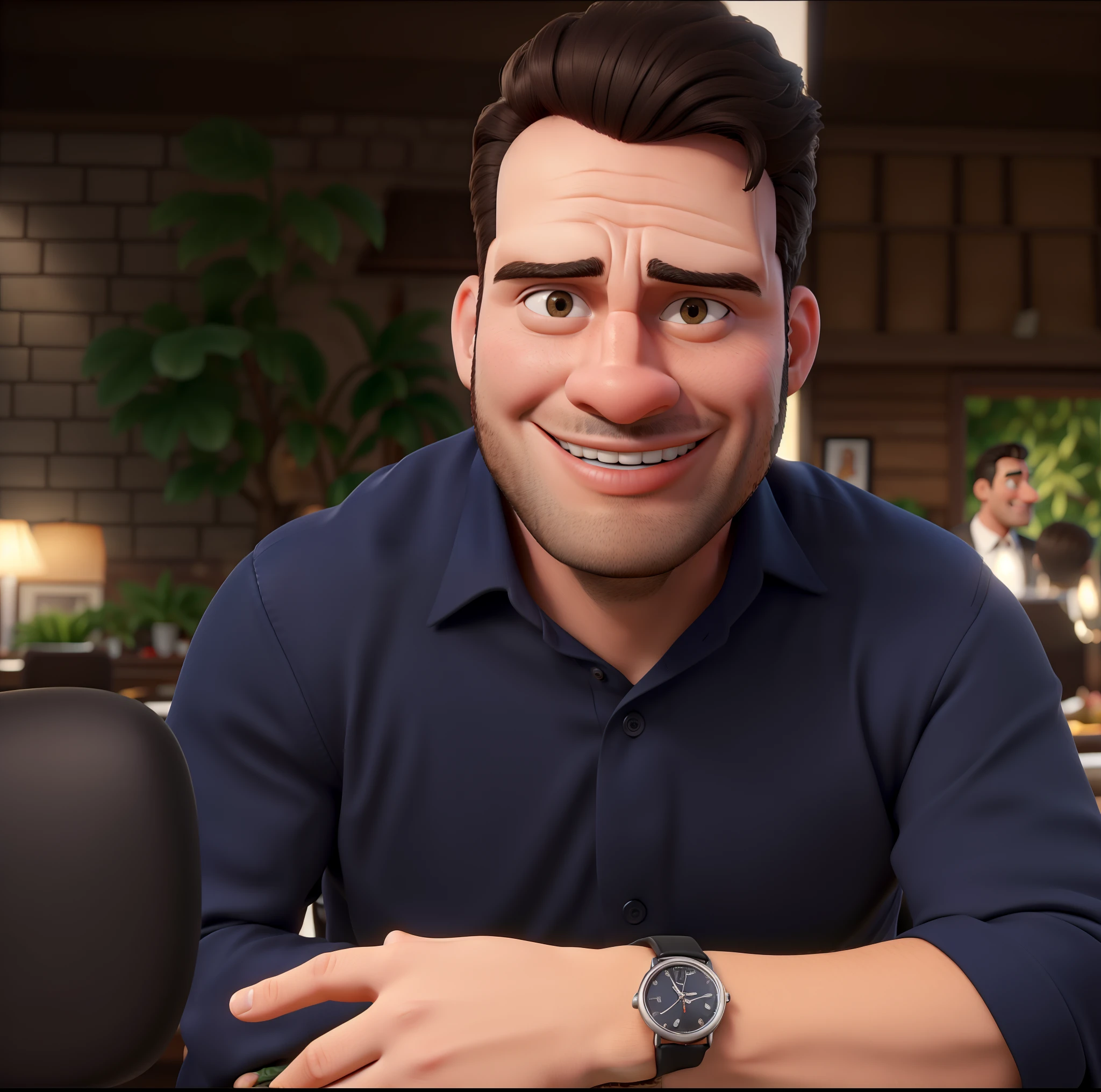 best quality, um cara, Camisa Preta, fundo de um restaurante chique, Businessman, dentes brancos, sem rugas, homem bonito, rico