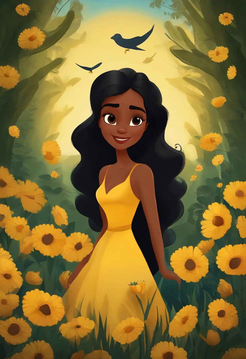 A Disney Pixar-inspired movie poster.Jovem 18 anos, cabelos com curva castanho escuro, olhos pretos, amarela, franja preta, vestido, brasileira, magra.