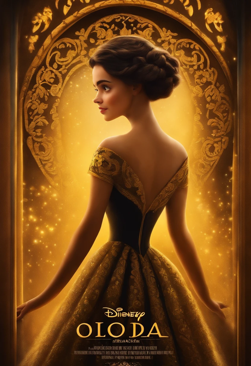 A Disney Pixar-inspired movie poster.Jovem 18 anos, cabelos com curva castanho escuro, olhos pretos, amarela, franja preta, vestido, brasileira, magra.