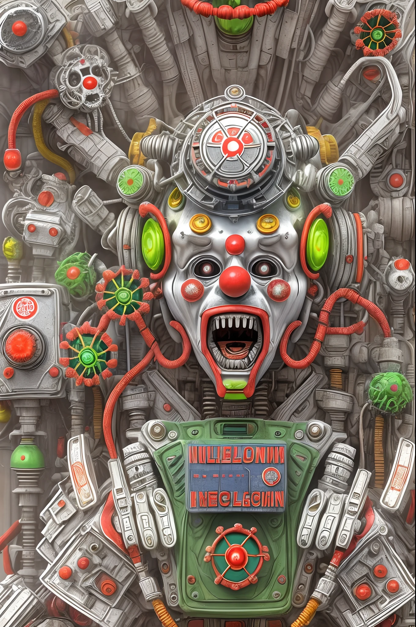 (High quality, high resolution, Masterpiece:1.2), 3D rendered clown with ultra-detailed features and expressions, Biomechanical robots, Holographic cables, micro Chip, Gear machinery，Red and white color palette, Humanoid, Rainbow color scheme, Decorated with a green giant motif, Against the background of the explosion in the hospital，beautiful detailed glow,((flames of war)),(((nuclear explosion behide)))