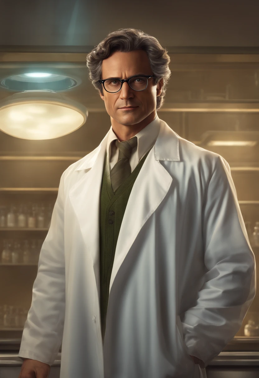 portray Bruce Banner as a middle-aged scientist with dark brown or black hair combed back and brown eyes wearing a lab coat and his glasses with thick, rectangular frame glasses that lend an air of intellectuality and scientificity to his appearance;. Their physical constitution is usually described as lean with average height.