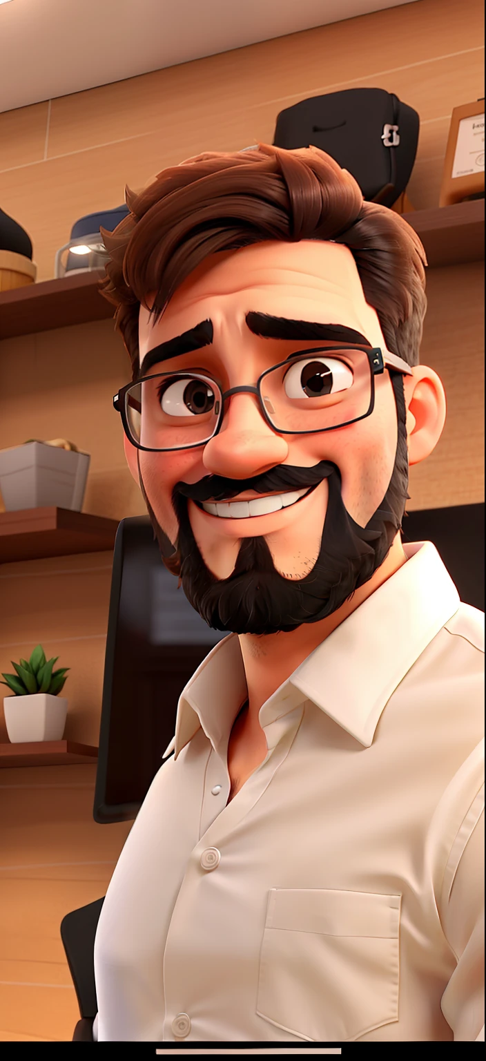 Um jovem empreendedor de 28 anos, com barba, Glasses and white dress shirt smiling.
