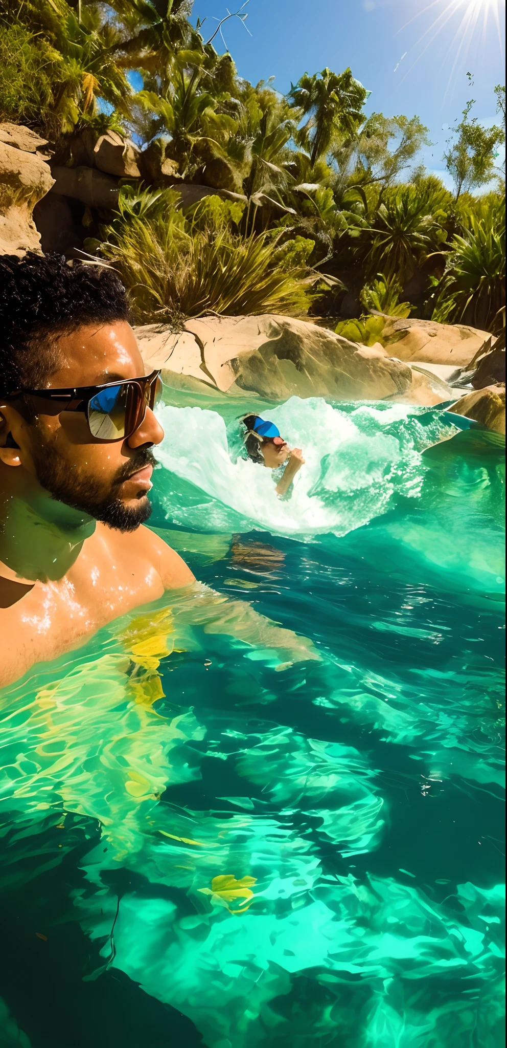 there is a man in the water with sunglasses on, banho em cachoeira, sentado em uma piscina reflexiva, sentado na piscina, ao sol, in the water, Sentindo a Natureza, aboriginal australian hipster, em uma piscina luxuosa, in water, sparkling in the sunlight, piscinas e riachos, in a desert oasis lake, in water! down to the shoulders