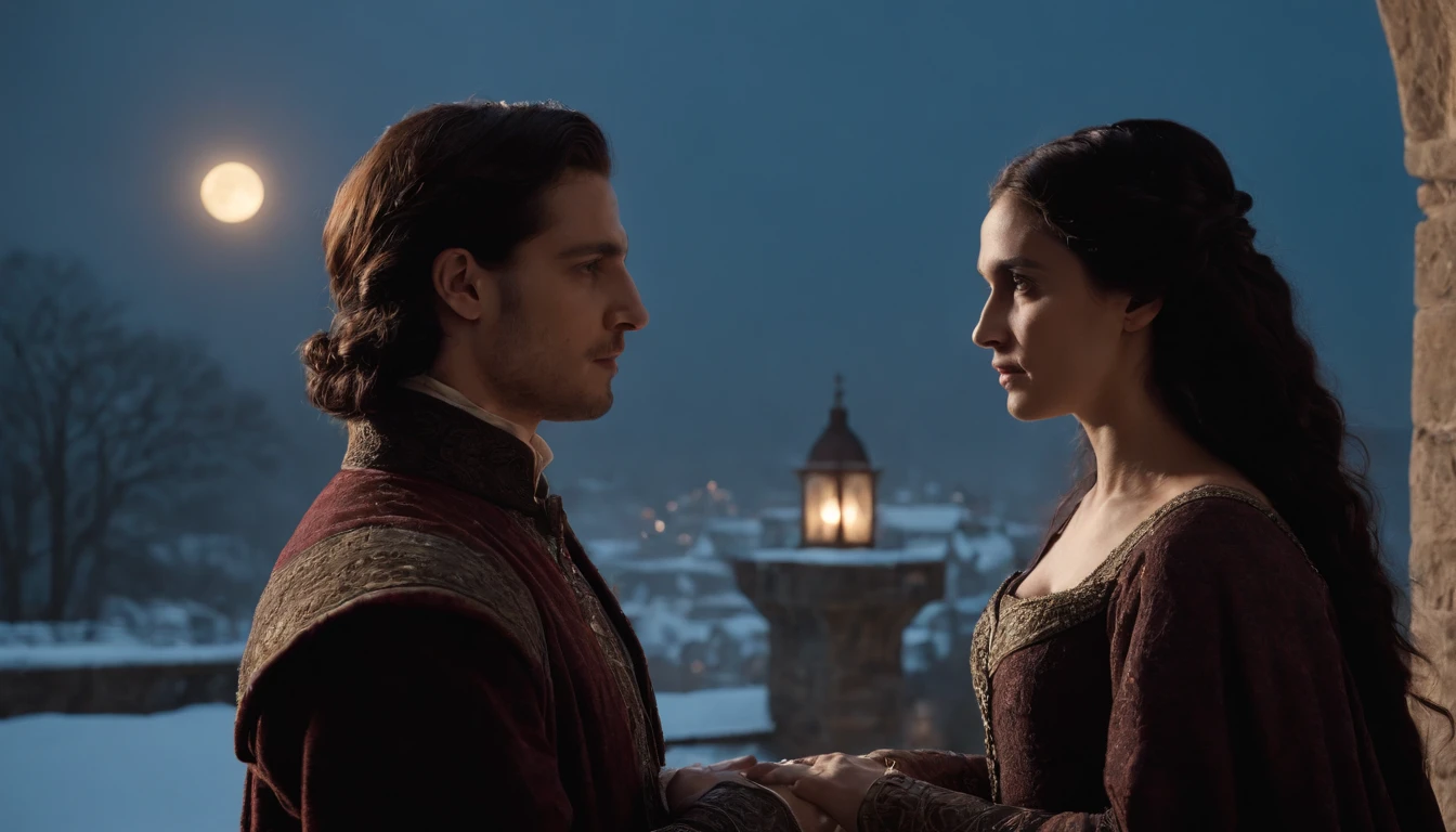 silhouette view on a snowy castle balcony at midnight, in the shadows of a castle wall, two lovers, a young gypsy man with black hair and a young noble woman with long black hair and ivory skin, hidden by the darkness of the castle, night, moon rising, snow falling, cinematic, 8k, cinematic scene from film, gothic, eerie, mysterious