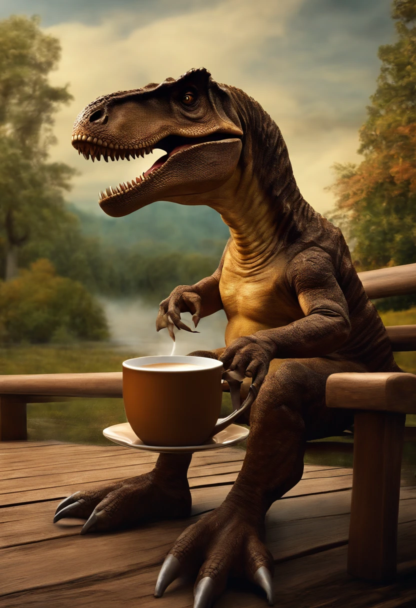 a sitting on a bench brown t-rex is drinking a cup of coffee , digital art, masterpiece