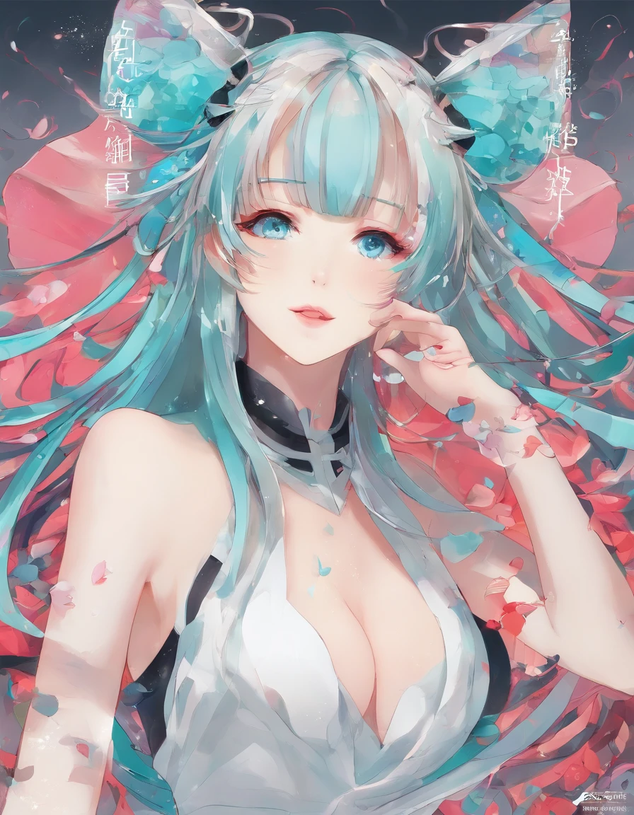 (master part, best quality) Expressive and euphoric eyes, rosto perfeito, 1 mulher bonita atraente, corpo inteiro, pele parda, vestido branco oversized solta, ombros expostos, boca fechada sorriso brilhante, Cyan Twin Tails, olhos castanho escuros, cabelos ondulados e ruivos