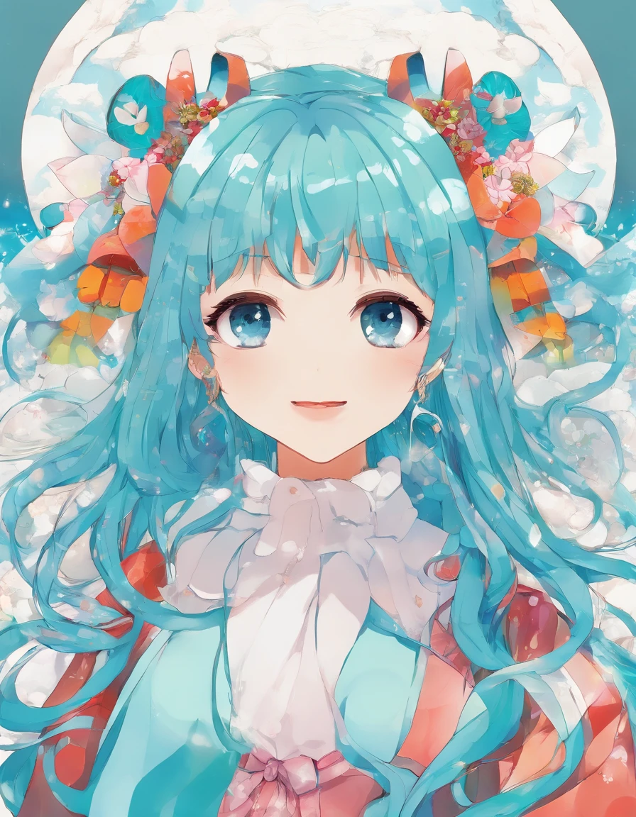 (master part, best quality) Expressive and euphoric eyes, rosto perfeito, 1 mulher bonita atraente, corpo inteiro, pele parda, vestido branco oversized solta, ombros expostos, boca fechada sorriso brilhante, Cyan Twin Tails, olhos castanho escuros, cabelos ondulados e ruivos