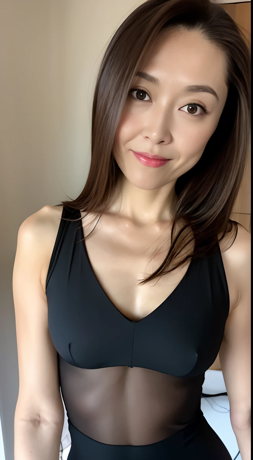 Dark brown hair, light brown eyes, Japan actress face, adult woman, face about 40 years old, (complex details: 1.2), (highest quality: 1.4), (ultra high definition: 1.2), ultra high resolution, (detailed eyes), (detailed facial features), HDR, 8k resolution, terrace in the woods, moderately sized breasts, wearing a thin sheer blouse shirt, bra showing through, Wearing a sheer tight miniskirt, buttocks, buttocks showing towards us, smooth knees, ，(nsfw:1.5),