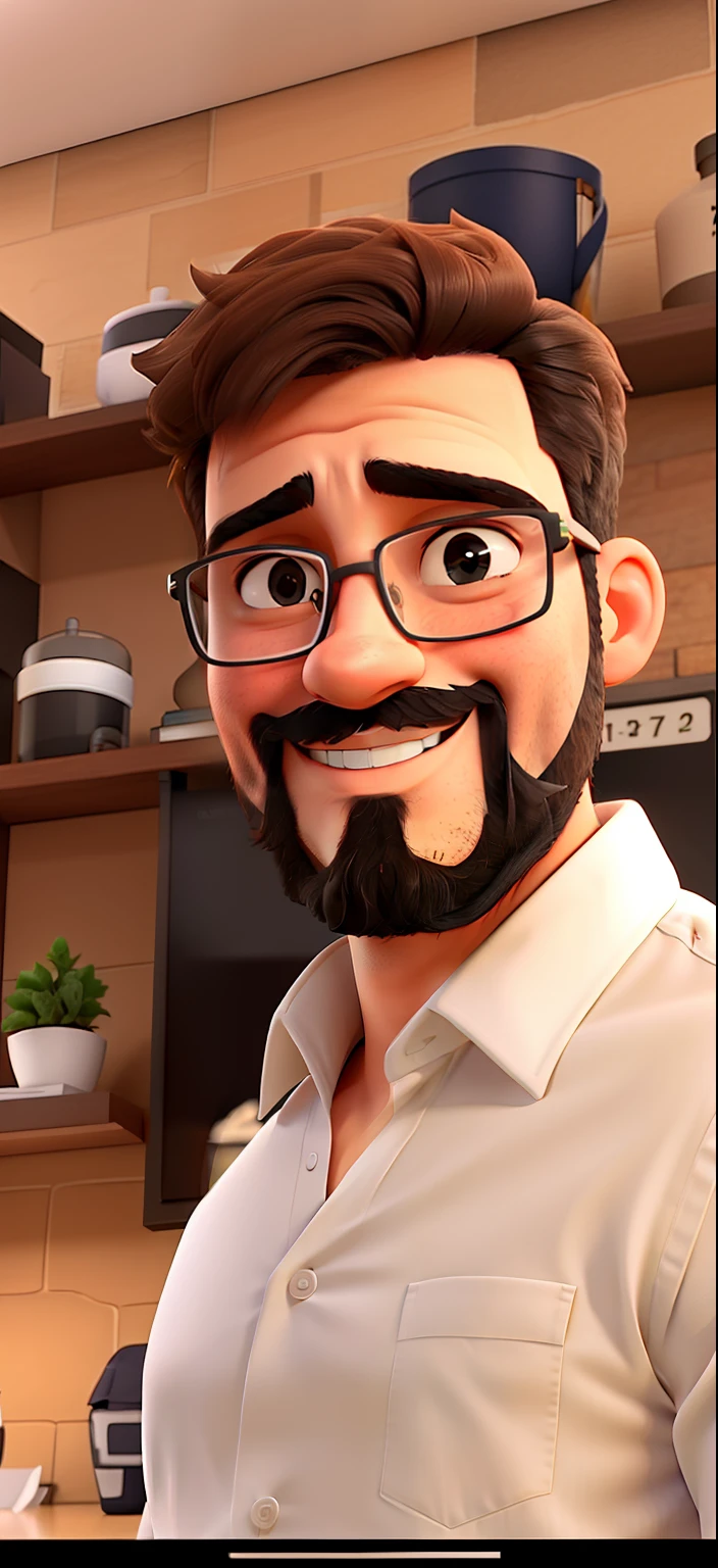 Um jovem empreendedor de 28 anos, com barba, Glasses and white dress shirt smiling.