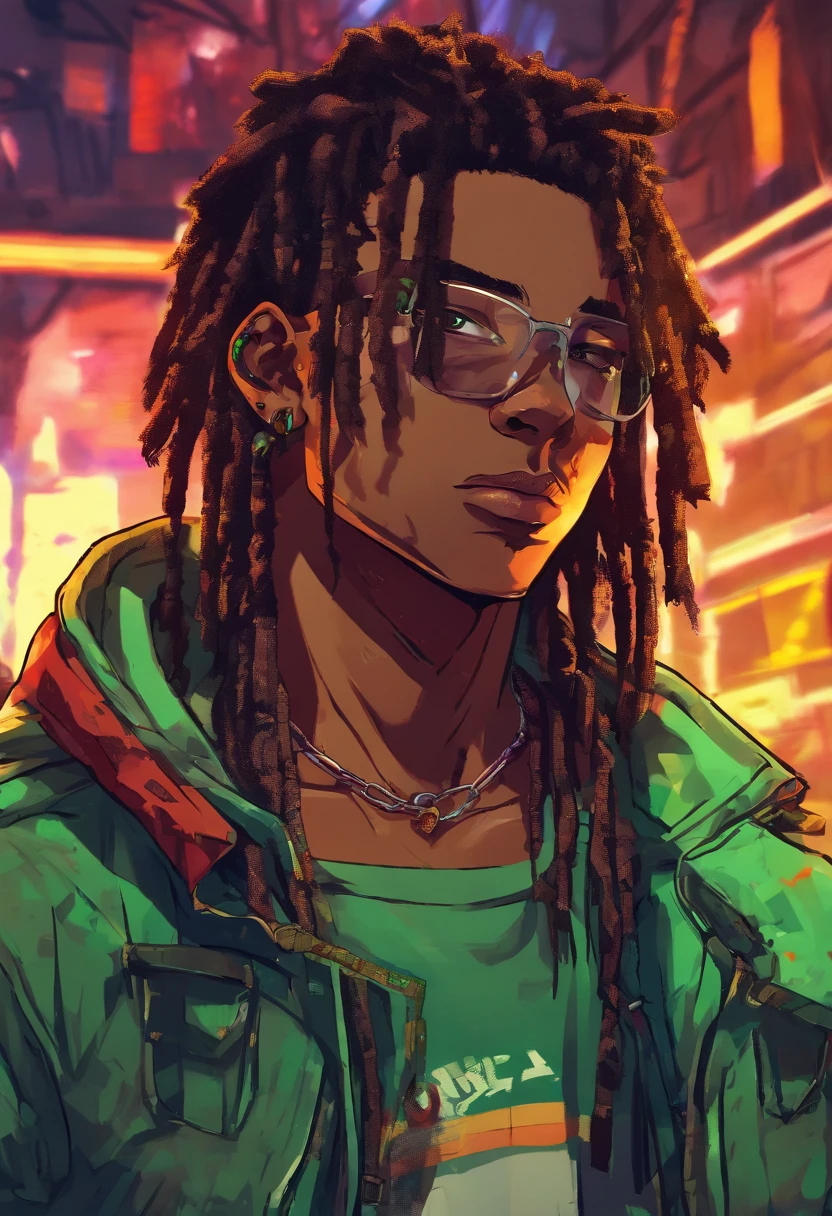(Qualidade Superior, 16k, master part: 1.3)), jovem branco;1.2 , 2 0 anos) com dreadlocks pretos escuros e uma camisa branca, fanart de urbano, solo portrait 🎨🖌️, estilo de arte desconhecido, retrato detalhado do caractere, black anime manga girl, fundo urbano da favela brasil , Olhos verdes aqua, Anime detalhado soft face, menino, estilo anime masculino, retrato de meio corpo, Textura altamente detalhada do rosto e da pele, Detailed eyesanime dark-skinned teen with charound her neck and dark brown jacket, ele tem dreadlocks pretos, Heterocormia, olhos multicoloridos((The left eye is green, The right eye is red )), badass anime 8 k, arte digital do anime cyberpunk,