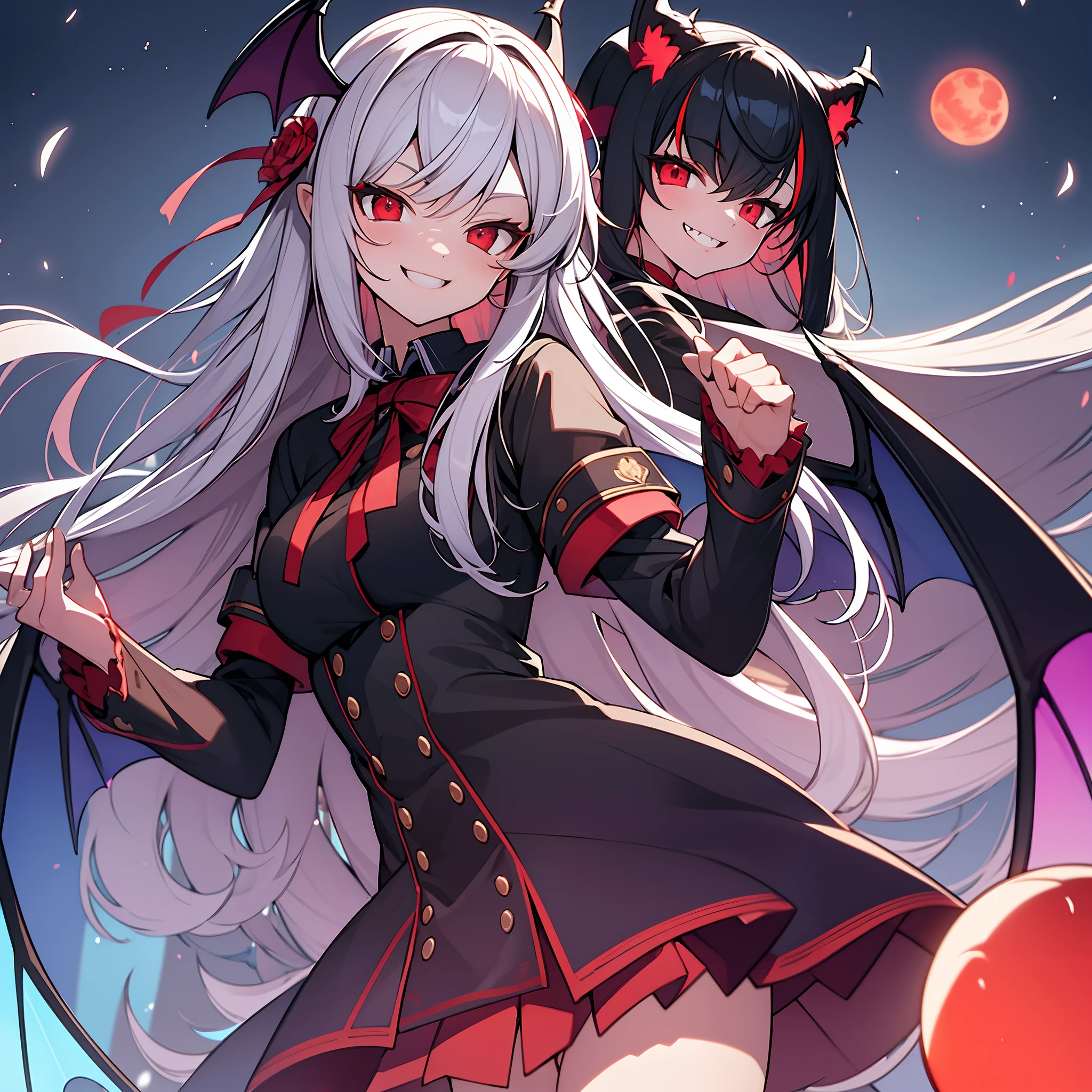 absurderes, superfine illustration,rainboweffect, hight resolution, ultra-detailliert,Light diffusion,highly detailed light reflection, Kaleidoscope, Harmonious, Best Shadow, fullllbody, zoomout, Very detailed very beautiful adult big smile, Red Eyes, Vampire tooth fangs, Boolean surface, Blood from the mouth, Smirk,Bat Wings, Cute smile, Shining red moon, beautiful detailed High school uniform