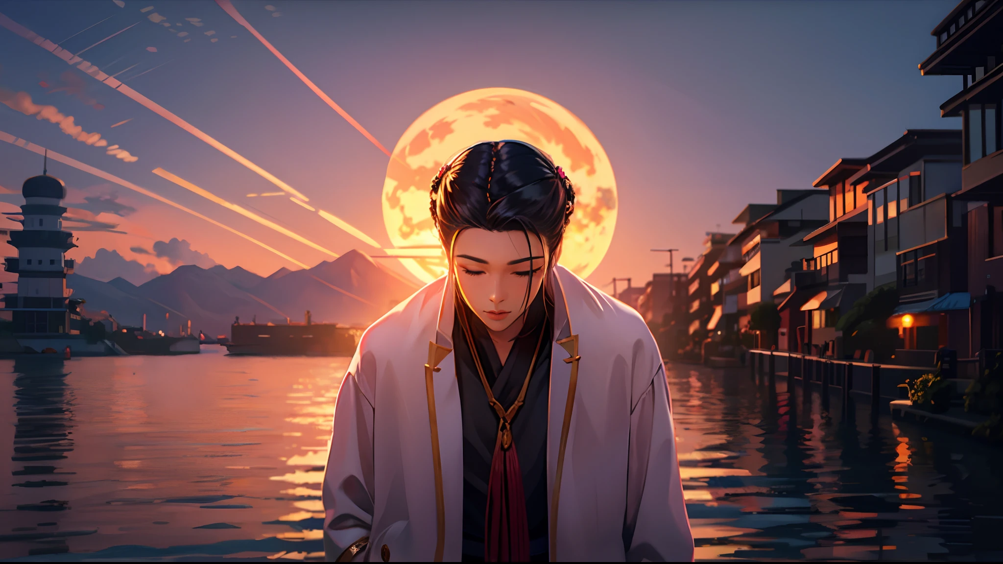 the sunset,eventide,evening light,middle parted hairstyle,Bowing