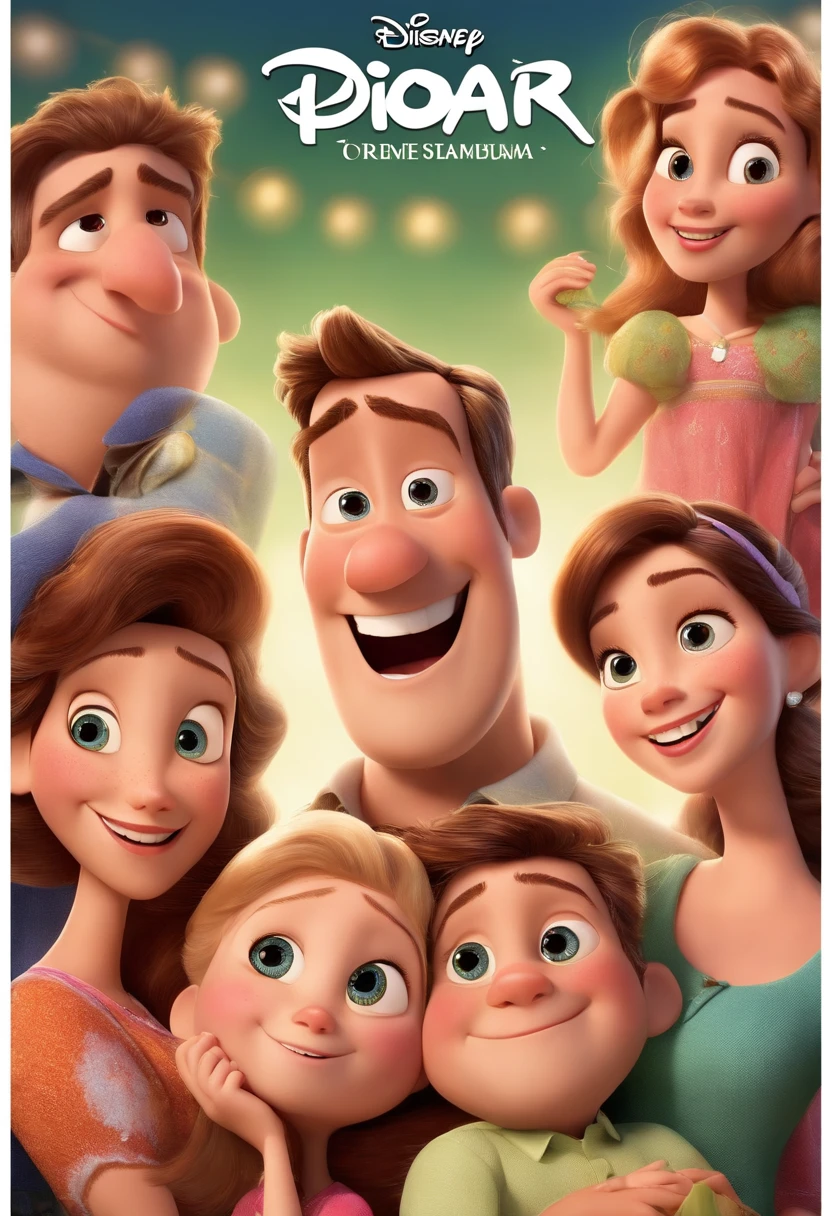 A Disney Pixar-inspired movie poster featuring a white family ( um casal jovem e duas adolescentes lindas). A cena deve ser no estilo de arte digital distinto da Pixar, with a focus on character expressions, Vibrant colors and detailed texture that are characteristic of his animations