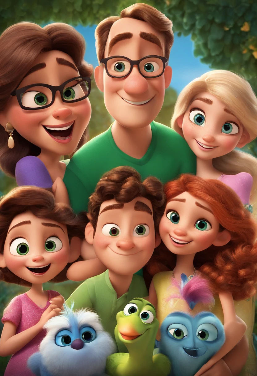 A Disney Pixar-inspired movie poster featuring a white family ( um casal jovem e duas adolescentes lindas). A cena deve ser no estilo de arte digital distinto da Pixar, with a focus on character expressions, Vibrant colors and detailed texture that are characteristic of his animations