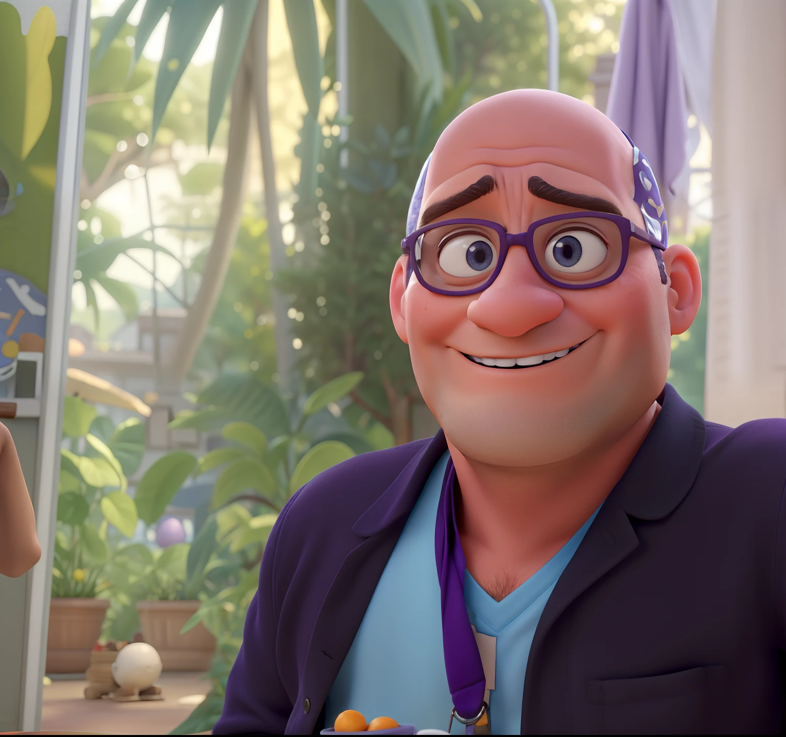 personagem masculino no estilo Disney Pixar de um diretor de uma escola, Where your head is bald, ele possui os olhos escuros e pele clara, vestindo uma camiseta azul escura, a purple badge around his neck in a high school setting with the title PIAGET.