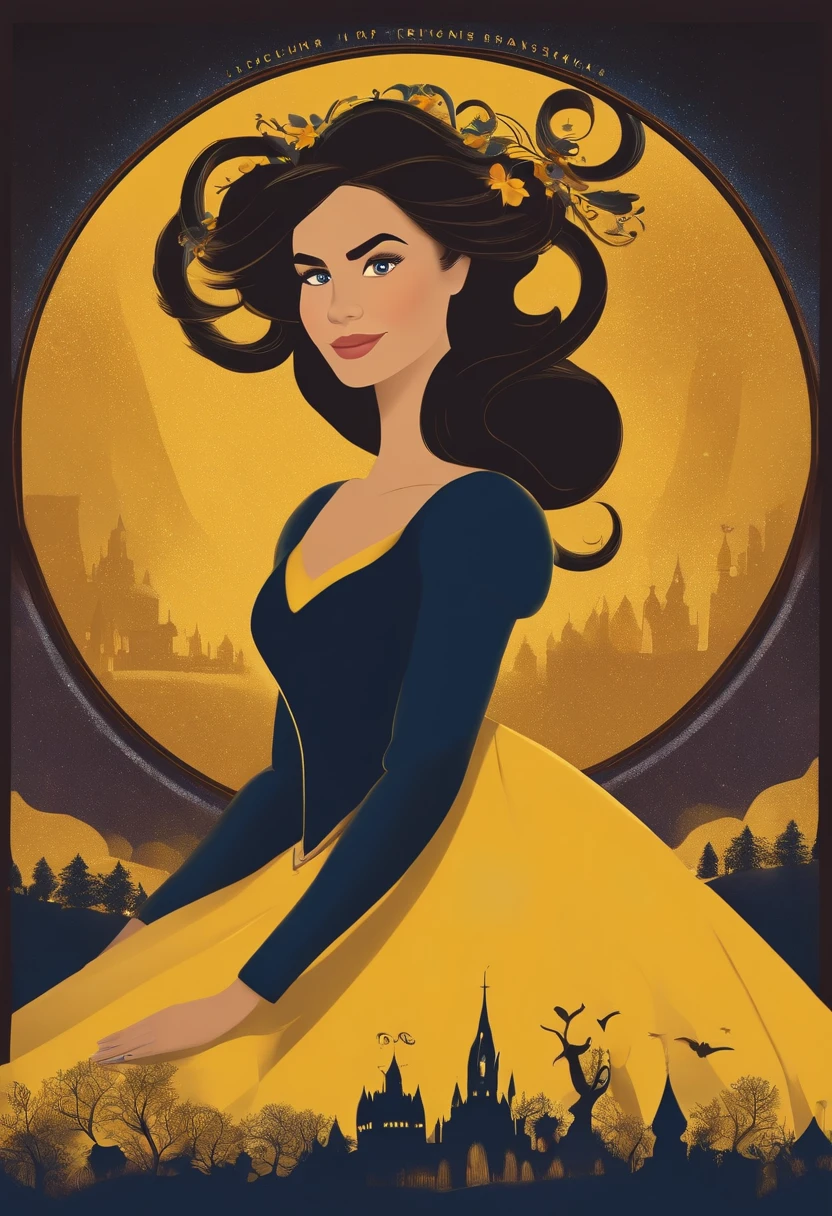 A Disney Pixar-inspired movie poster.Jovem 18 anos, cabelos com curva castanho escuro, olhos pretos, amarela, franja preta, vestido, brasileira, magra.