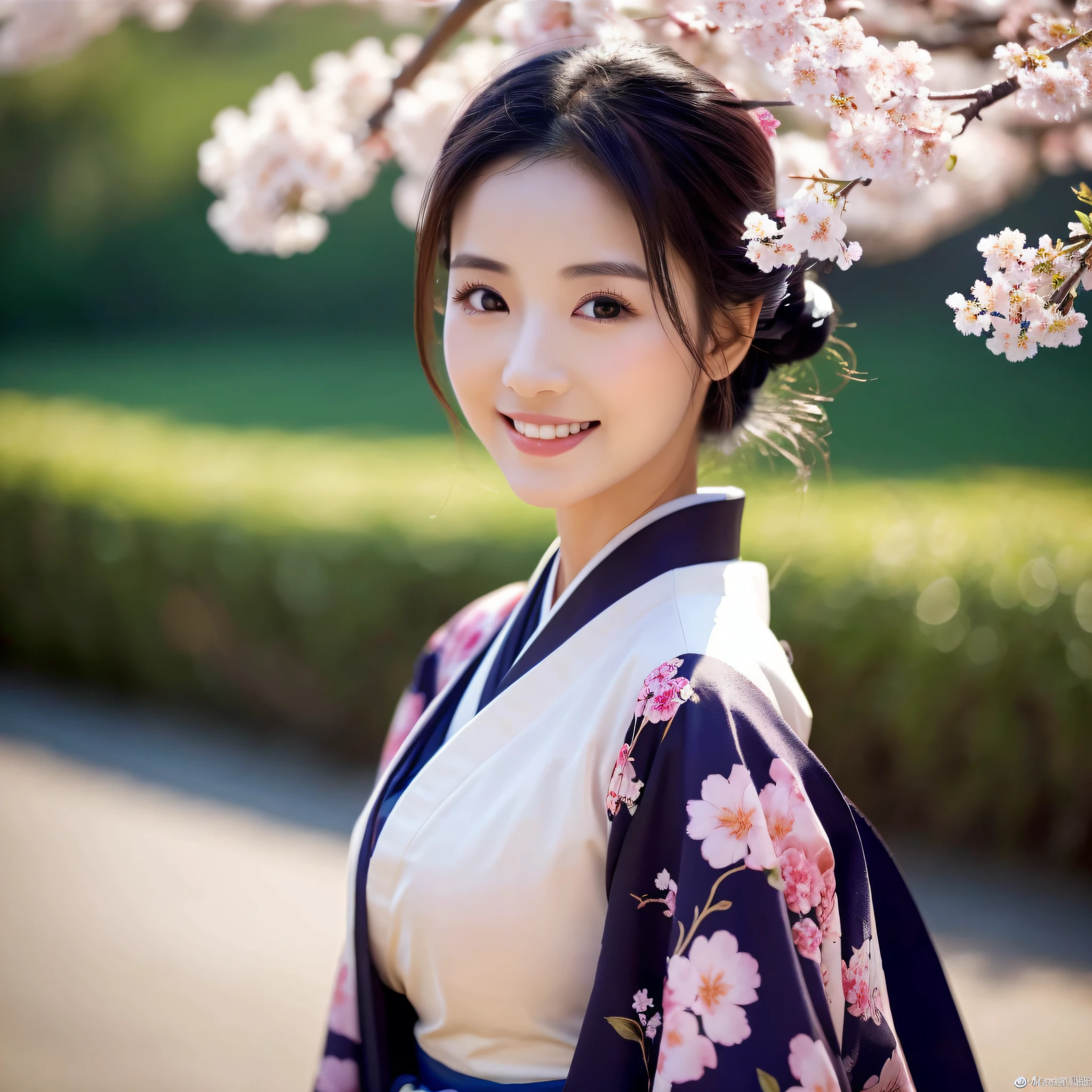 (Super beautiful woman in kimono)、((best qualtiy、8k masterpieces:1.3))、foco nítido:1.2、(ultra beautiful faces:1.0)、(shinny skin:1.0)、photos realistic、A dark-haired、Video Lighting、High-definition eyes and face、Video Lighting、Japanese actressl、from the front side、medium breasts、With a happy smile、Slender Abs Beauty、Whole body、wearing kimonos、In full bloom of cherry blossoms