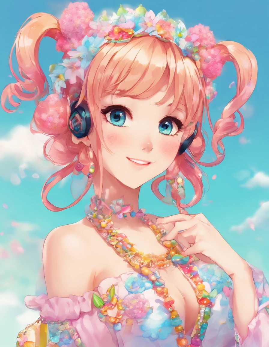 (master part, best quality) Expressive and euphoric eyes, rosto perfeito, 1 mulher bonita atraente, corpo inteiro, pele parda, vestido branco oversized solta, ombros expostos, boca fechada sorriso brilhante, Cyan Twin Tails, olhos castanho escuros, cabelos ondulados e ruivos