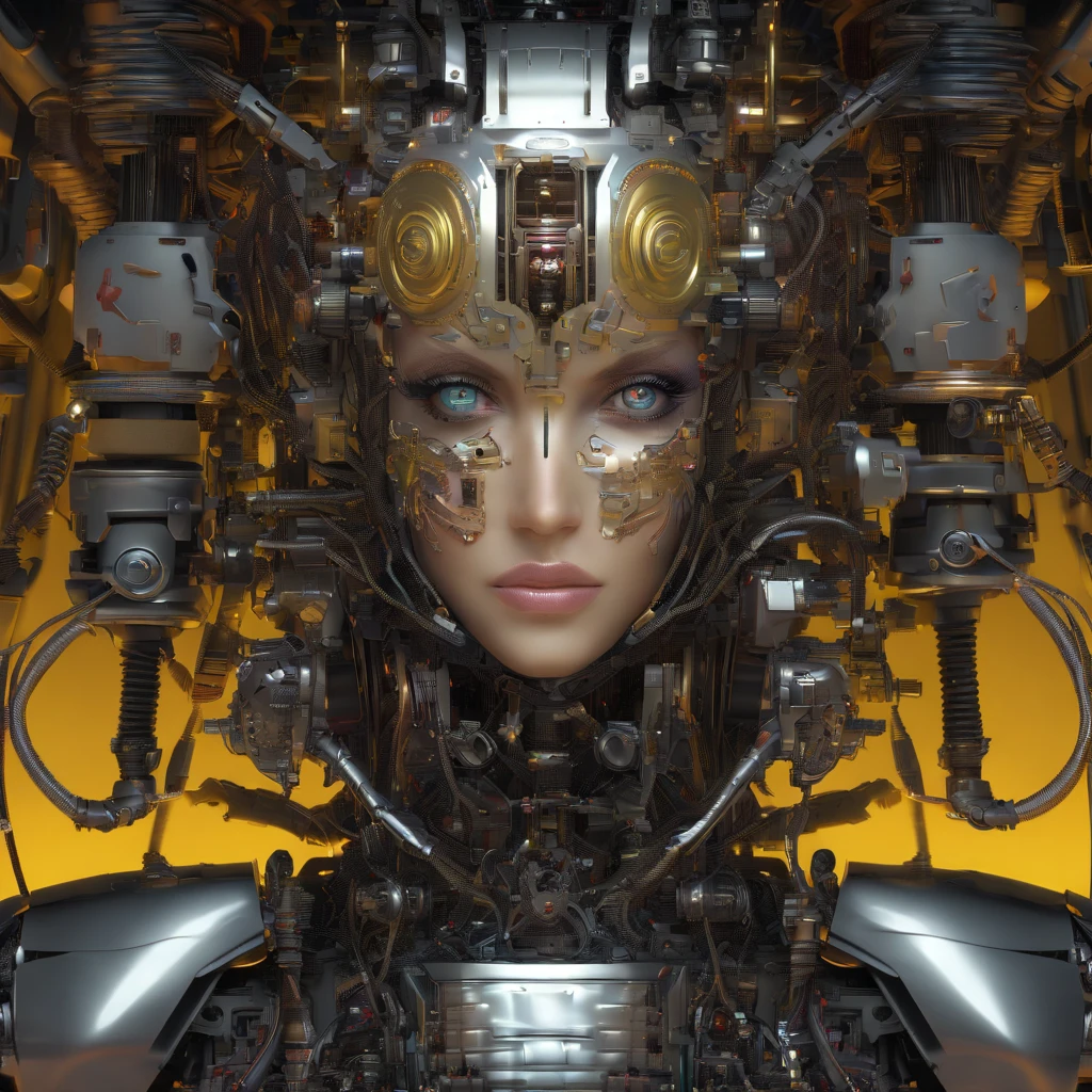 profile Photography, in front of a black wall, a cyborg woman head without body, connected by cables and wires and LED, an attractive transparent gold plexiglass body punk PLC Robots with silver motor head, with ray guns, 80 degree view, art by Sergio Lopez , Natalie Shau, James Jean and Salvador Dali