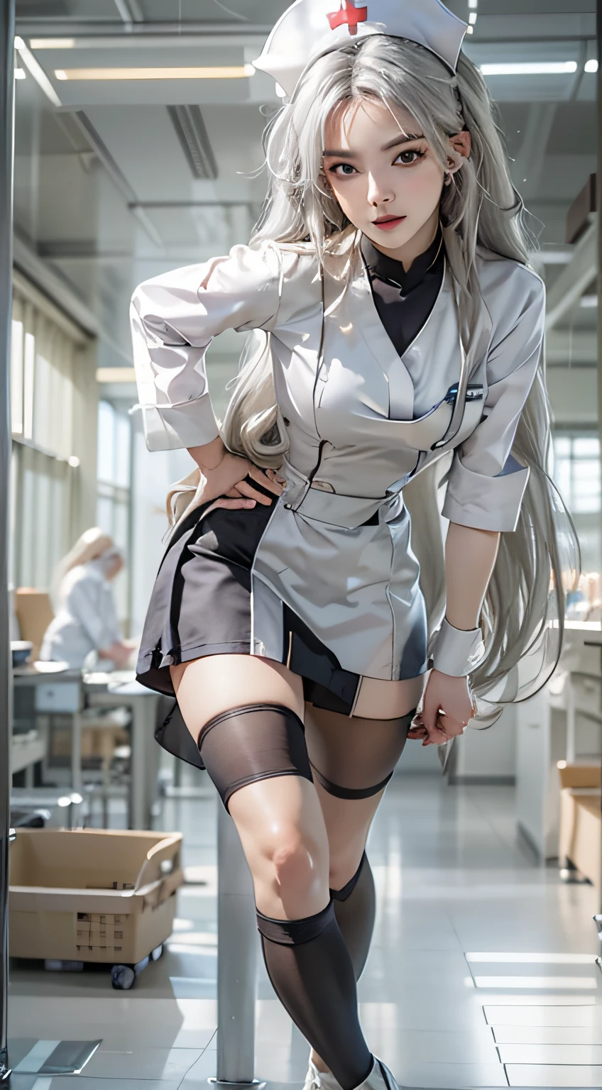 Highly detailed CG unity 8k wallpaper, with the highest quality, Super detailed, ​master piece, Realistic, Photos realistic, Photorealistic, high resolution, 1 Women, Solo, A miniskirt, fully body pose, Medium breasts, ssmile, view the viewer, (Detailed face), White hair, Long hair, doctor outfit, ((Nurse))