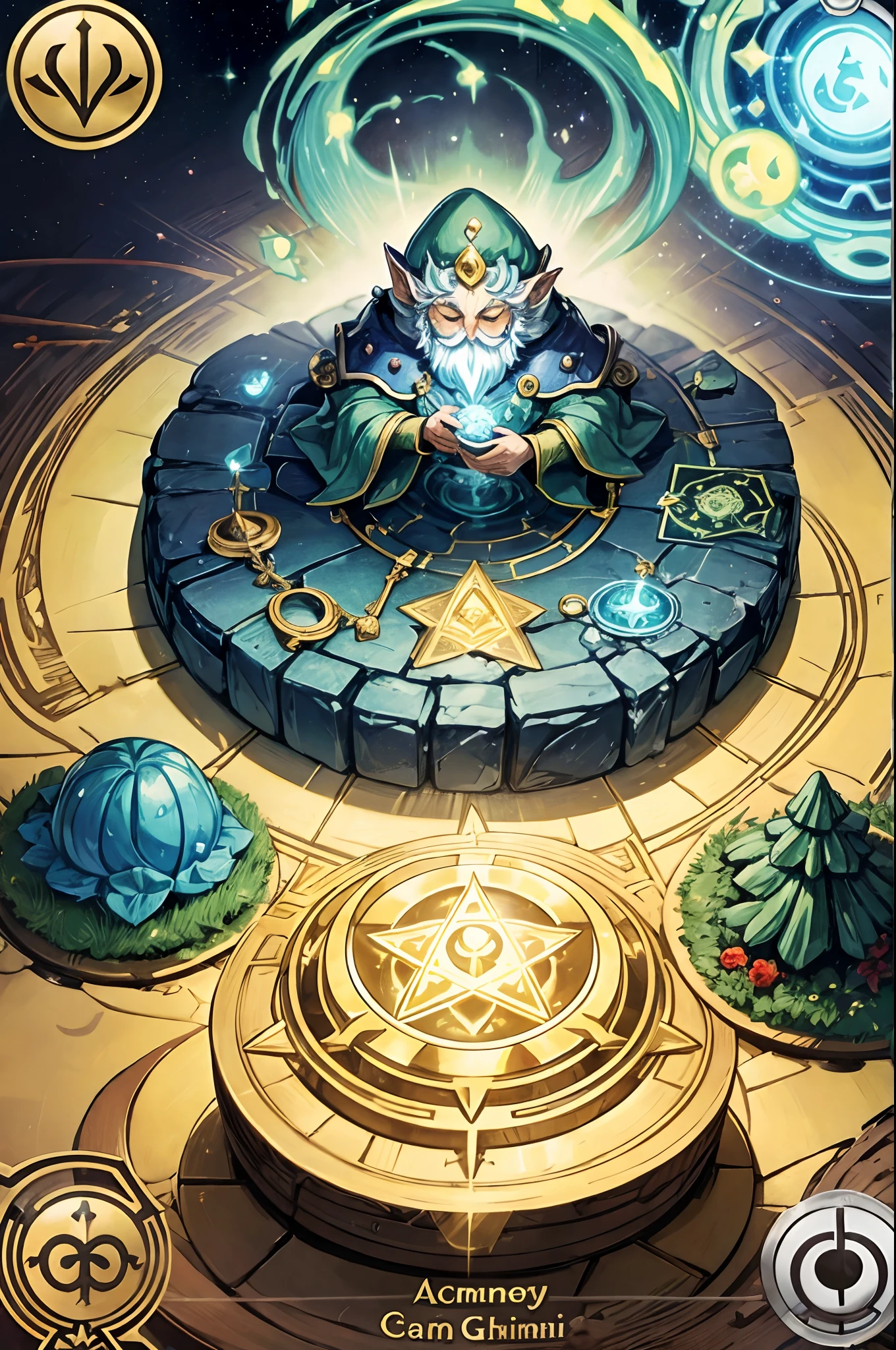 Alchemy themed card game. Summoning game. Celestial Rank Earth Elemental Gnome. Card illustration.