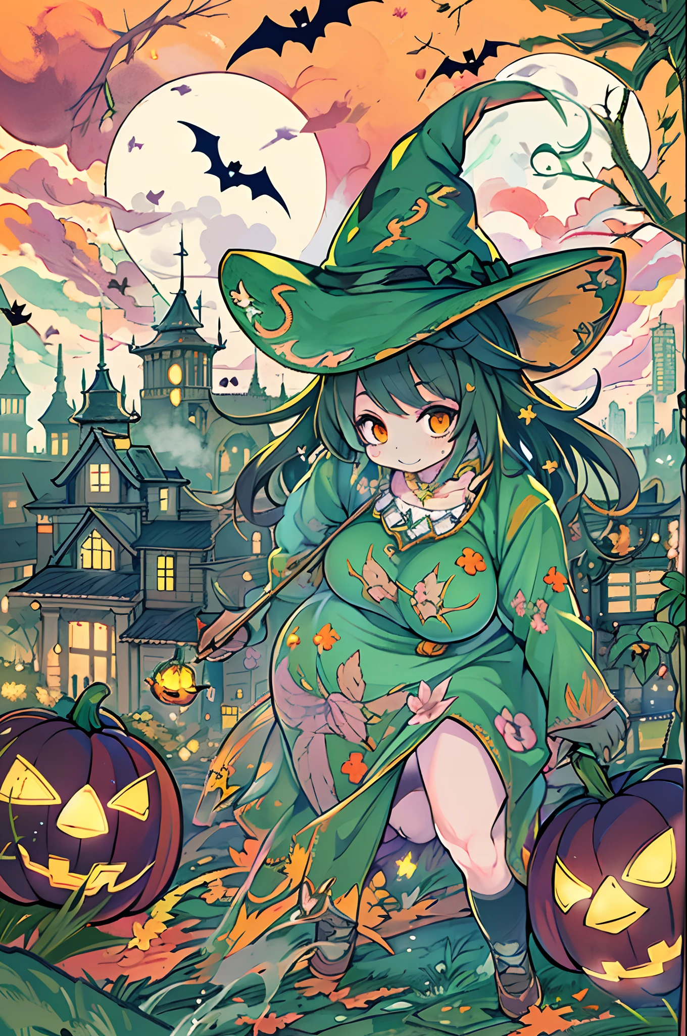 masutepiece,Charming Halloween Witches, Random coloring,2D, planar vector, T-shirt design, Colorful splashes, Fantasy Art, Watercolor effect,Digital Painting, white bg, 8K、night cityscape,bbw,Anime style、huge-breasted、BBW