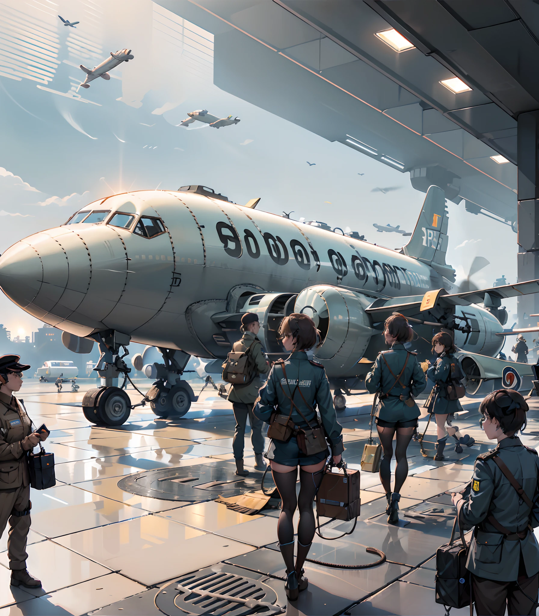 Busy airport, sunlight, floor-to-ceiling windows, departure lounge, massive plane, runway, takeoff, air traffic controllers, tower, pilots, ground crew, headsets, boarding gates, service personnel, passengers, correct positions, uniformed ground staff, boarding passes, flight, ground crew, loading luggage, refueling, cleaning aircraft windows. --auto --s2