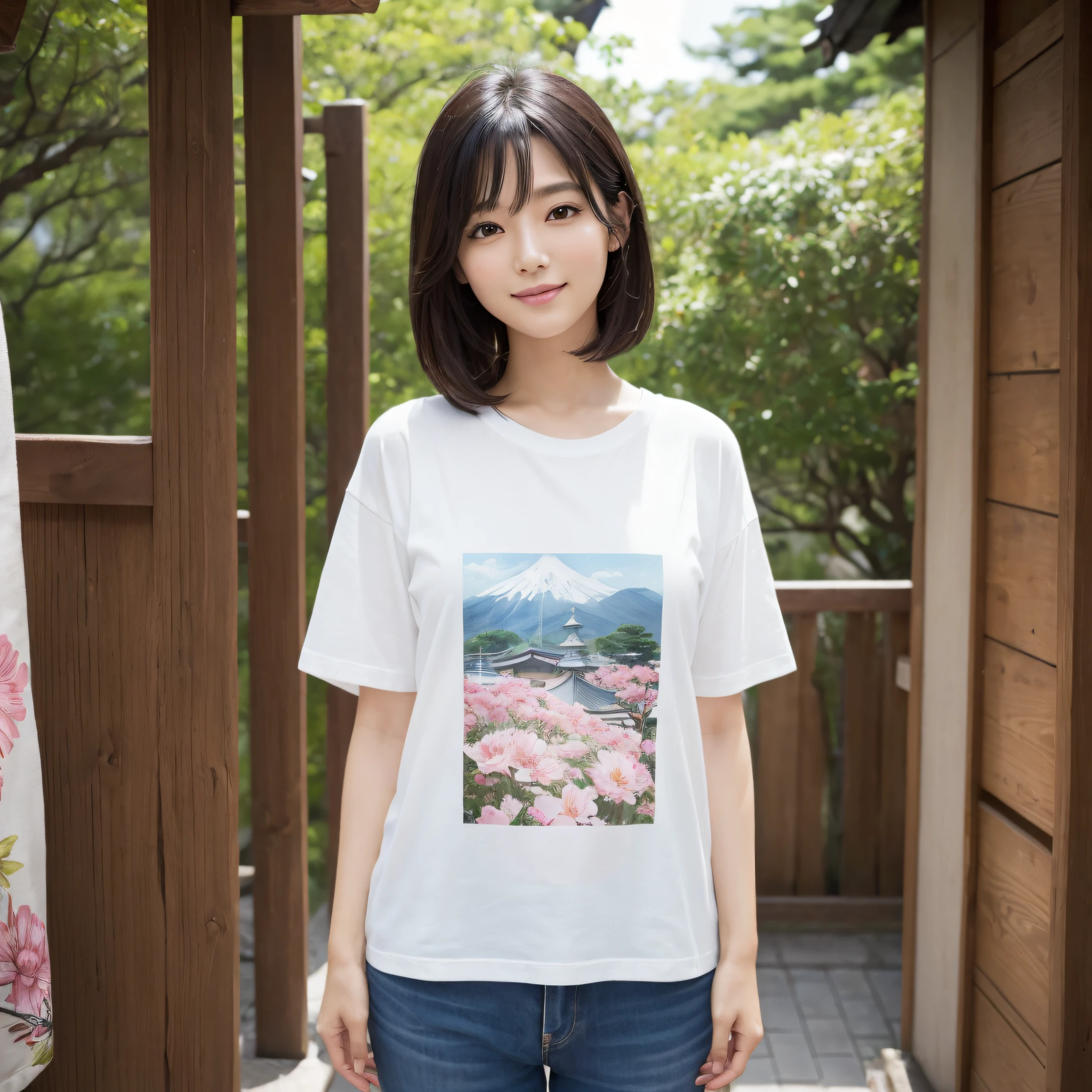 One beauty、((best qualtiy、8k masterpieces:1.3))、foco nítido:1.2、(ultra beautiful faces:1.0)、(shinny skin:1.0)、photos realistic、A dark-haired、Video Lighting、High-definition eyes and face、Video Lighting、25-year-old Japan actress、from the front side、medium breasts、Smile、Slender Abs Beauty、Whole body、Kanji for Japan「tenderness」Wearing a T-shirt、At the shrine