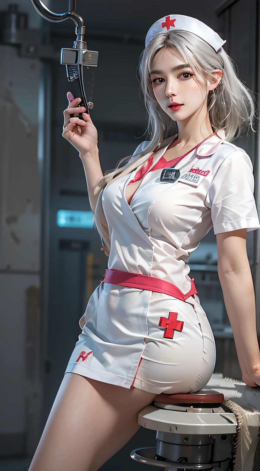 1womanl, Nurse, Nurse Cap, Whiteware, ((White legwear, zettai ryouiki)), White Gloves, Blonde hair, Blue eyes, ((White surgical mask, Cover the nose)), Standing, sharp outline, Short sleeves, a matural female, 35 year old, Best Quality, masutepiece, infirmary