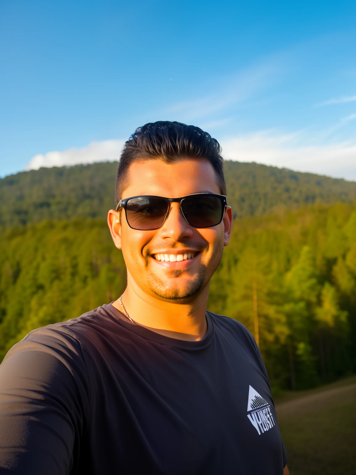 Smiling man in sunglasses in front of a mountain with trees, em frente a um fundo de floresta, Forrest em segundo plano, in front of an amazing forest, Forrest em segundo plano, Colinas ao fundo, com montanhas ao fundo, com montanhas no fundo, com montanhas como pano de fundo, during sunset, floresta em segundo plano, trees in the background