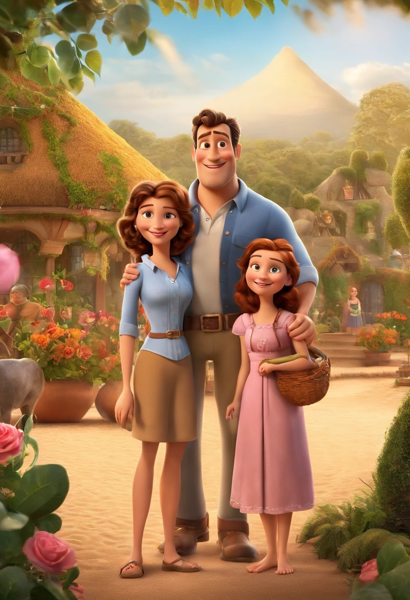 a Disney Pixar movie poster showing a white-skinned family. The father is the tallest, Tem barba curta, loiro, cabelos curtos e espinhosos. The mother has brown eyes and hair, shoulder-length and is slightly overweight. A menina tem 4 anos e cabelos castanhos, roupa rosa e rabos de cavalo. The background is a beach garden. 3D-rendering