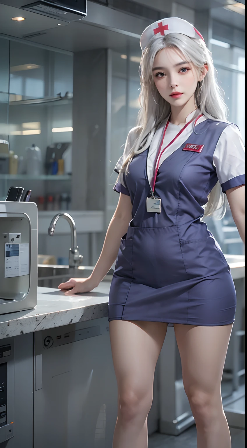 Highly detailed CG unity 8k wallpaper, with the highest quality, Super detailed, ​master piece, Realistic, Photos realistic, Photorealistic, high resolution, 1 Women, Solo, A miniskirt, fully body pose, Medium breasts, ssmile, view the viewer, (Detailed face), White hair, Long hair, doctor outfit, ((Nurse))