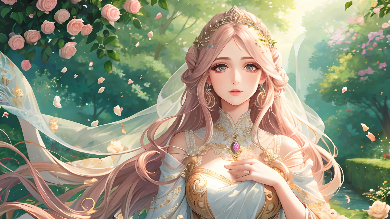 belos olhos detalhados, beautiful detailed lips, Rosto extremamente detalhado, long eyelashes, soft, flowing hair, postura elegante, Flowing dress, jardim encantado, flores coloridas, luz solar fraca, Brisa suave, magical ambiance, estilo de arte extravagante, cores vibrantes, dream lighting, (best quality, 4k, Altas), fotorrealista, Ethereal Fantasy Theme.