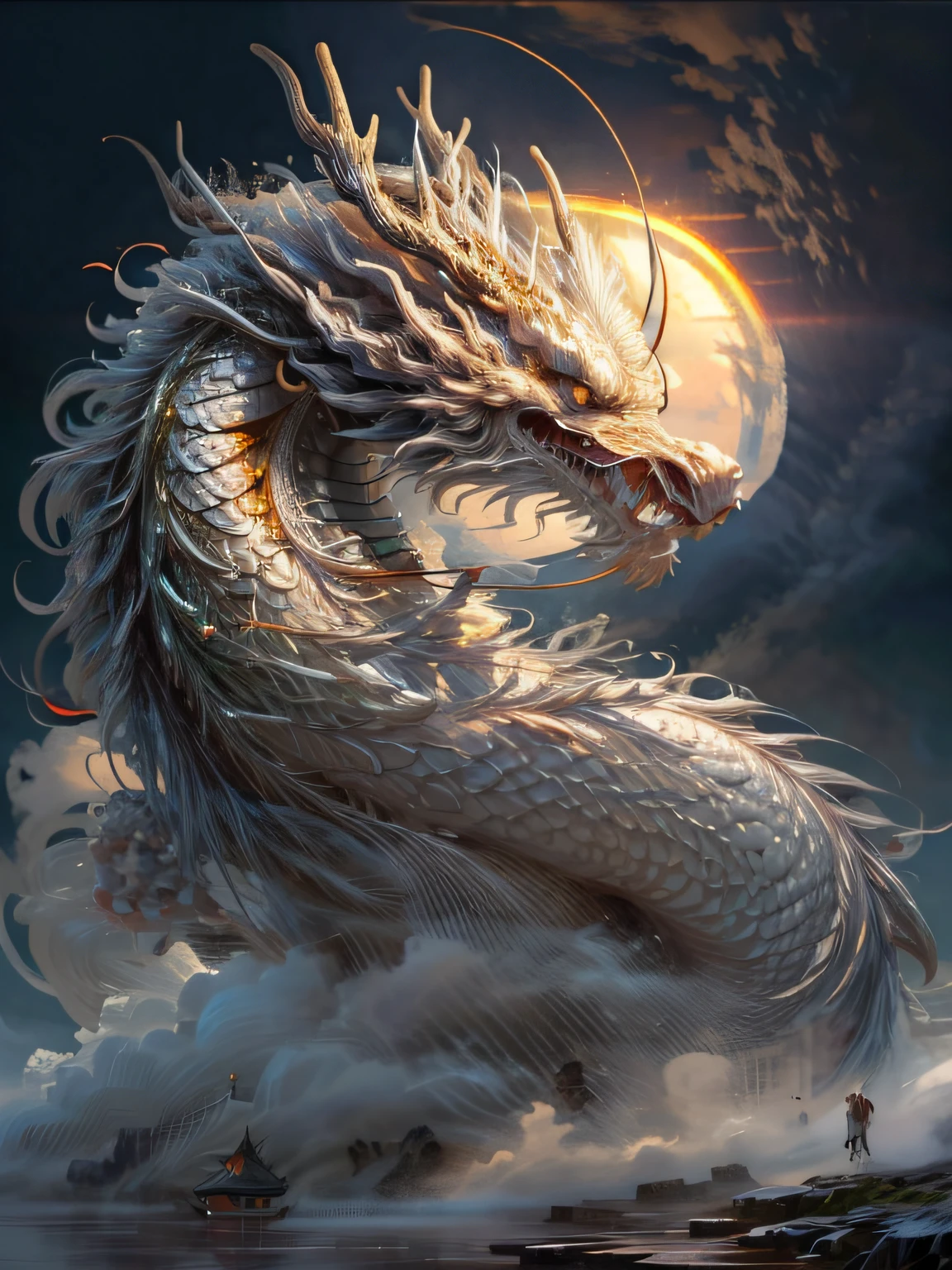 (raw photograph, top-quality), (Realism, Realism: 1.3), NVIDIA RTX ray tracing, Octane Rendering, high-res, Extremely Delicate and Beautiful, highest, finely detailed, master-piece, ultra-detail, Tall, (best illustration), (Best shades), Convoluted, no beard, Delicate facial features,Enter the clouds, White Dragon, immortal, In front of a giant white Chinese rong., (Ron: 1.4), clouds, severe, mountain, Solar Sunset, crisp focus, Perfect Composite, fantasy, Convoluted, majestic, ighly Details, volumetric fog, 8k UHD, Digital SLR, High Quality, (grain of film: 1.4), FujifilmXT3 Film, art station, Smooth, sharp focus, detailed, awarded photograph, BLN-L24, high sharpness, Weight loss in the cinema.