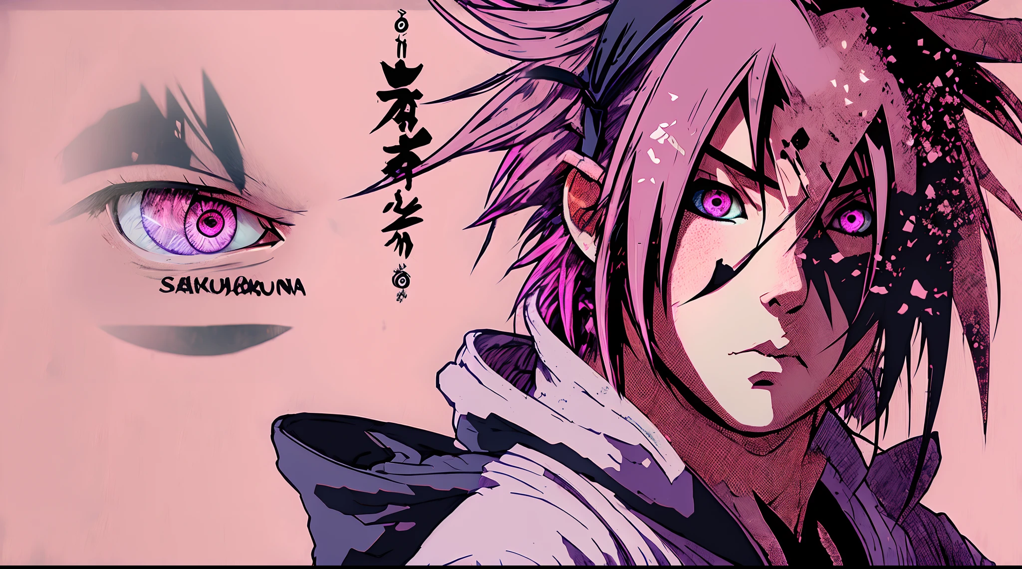 Sakura Uchiha in the hood, Black and pink hair, one green eye, one red eye