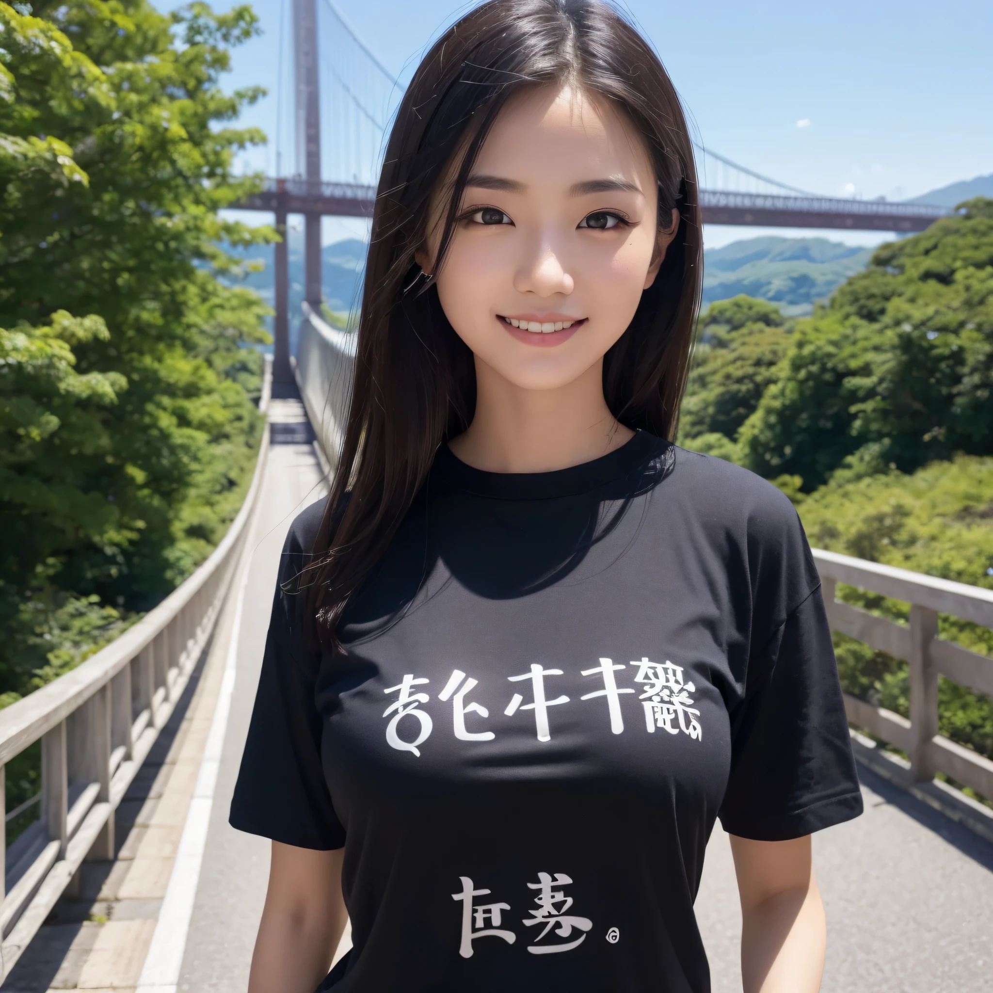 One beauty、((best qualtiy、8k masterpieces:1.3))、foco nítido:1.2、(ultra beautiful faces:1.0)、(shinny skin:1.0)、photos realistic、A dark-haired、Video Lighting、High-definition eyes and face、Video Lighting、Japanese ido、from the front side、medium breasts、Smile、Slender Abs Beauty、Whole body、Wearing a T-shirt with Japan kanji written on it、On the Seto Bridge